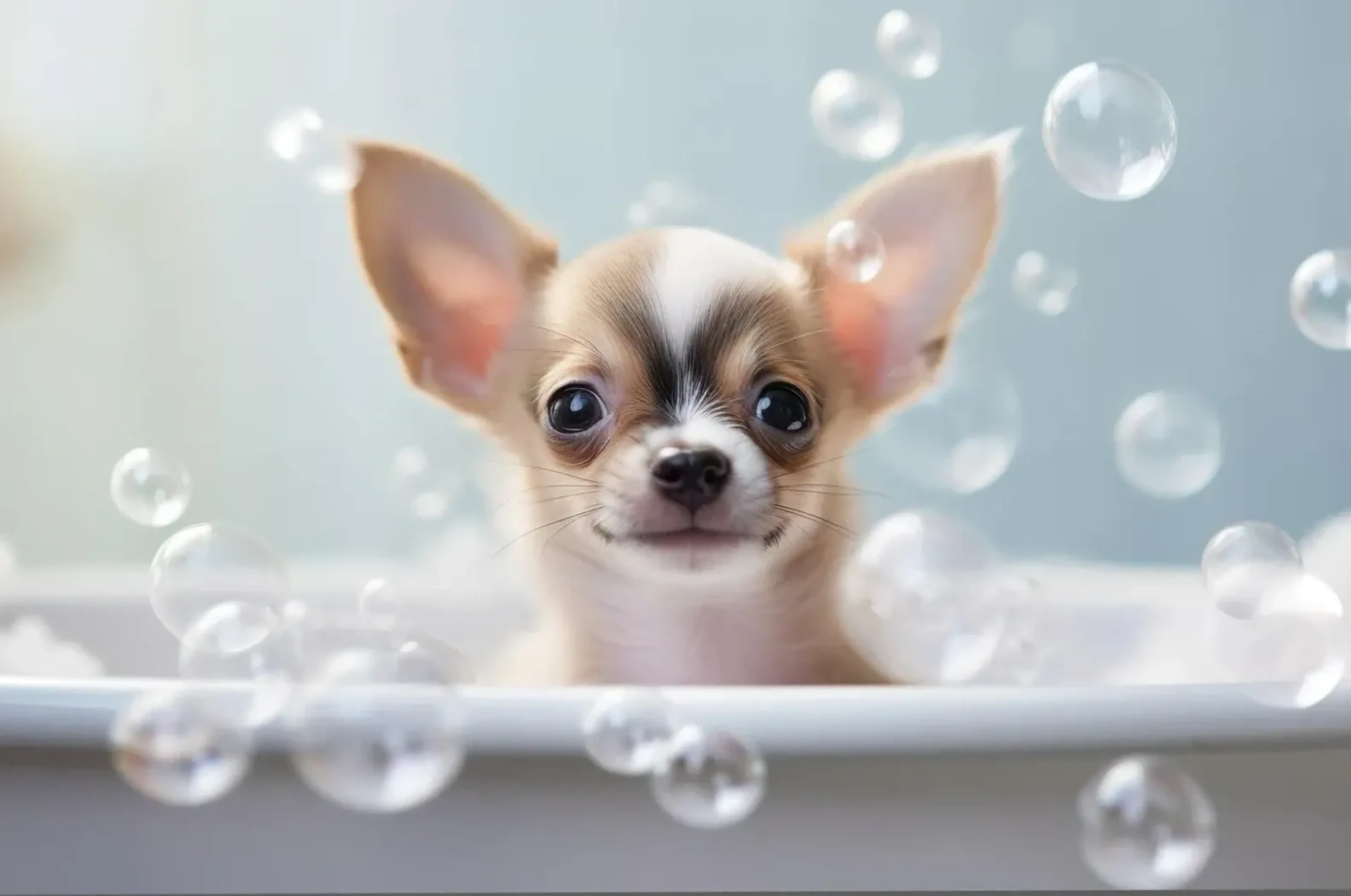 Ein hellbraun-weißer Chihuahua mit großen Ohren sitzt zwischen Seifenblasen in einer weißen Badewanne.