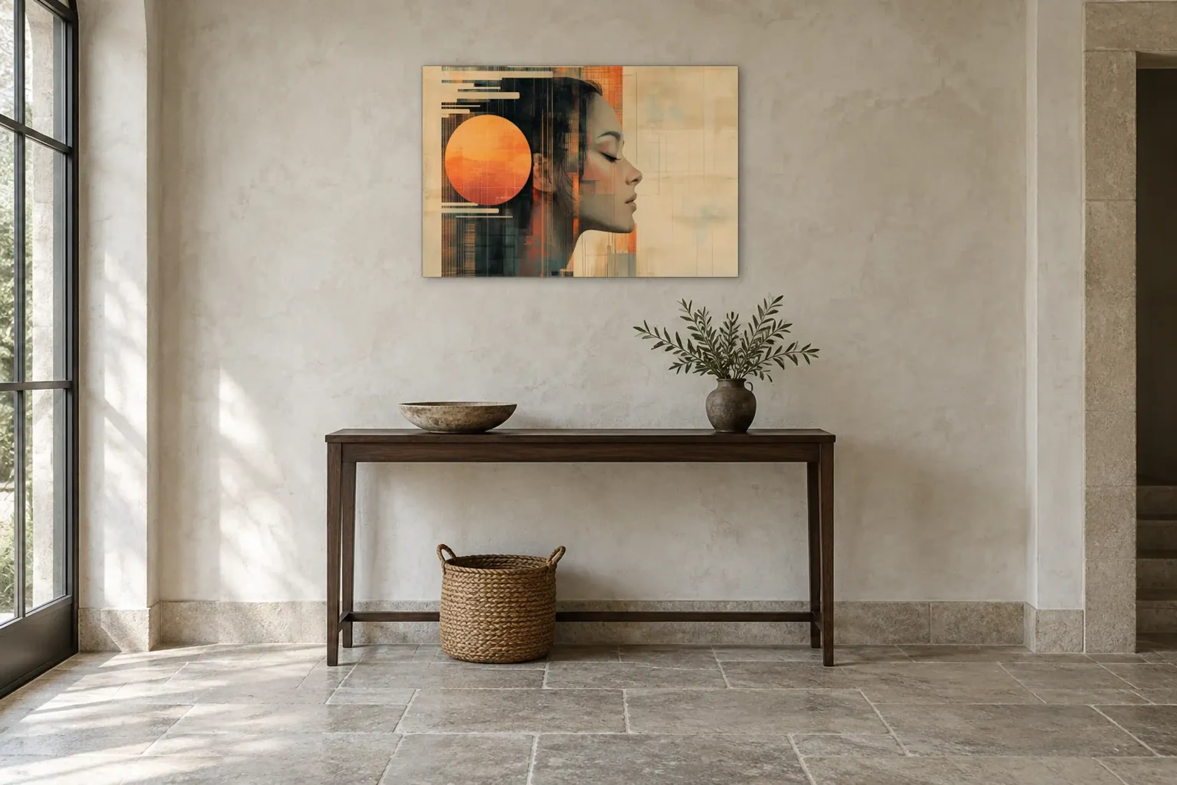 Frauenprofil mit Sonne als Wandbild über einer 120-cm-Konsole