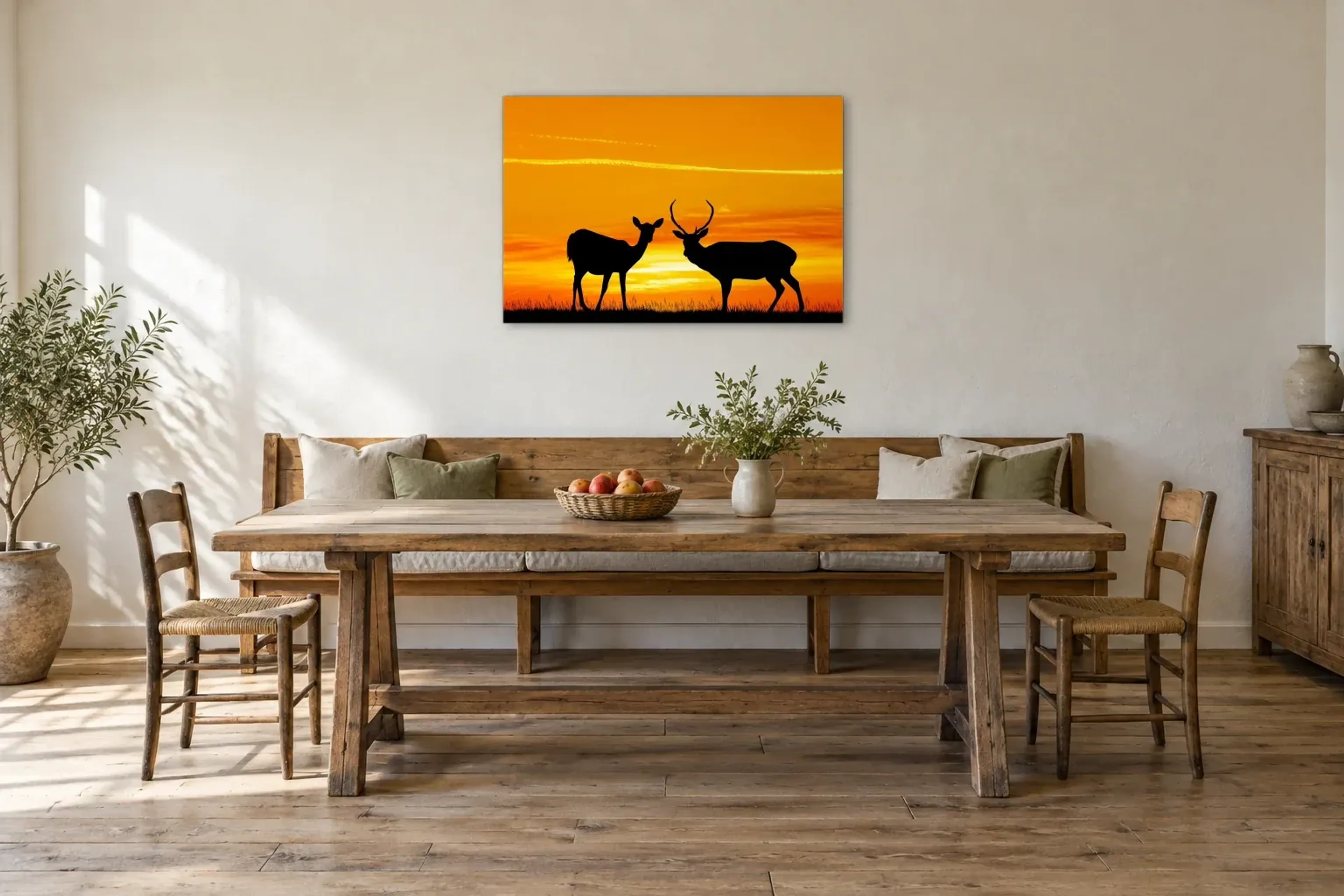 Hirschpaar im Sonnenuntergang als Wandbild über einer 200-cm-Sitzbank