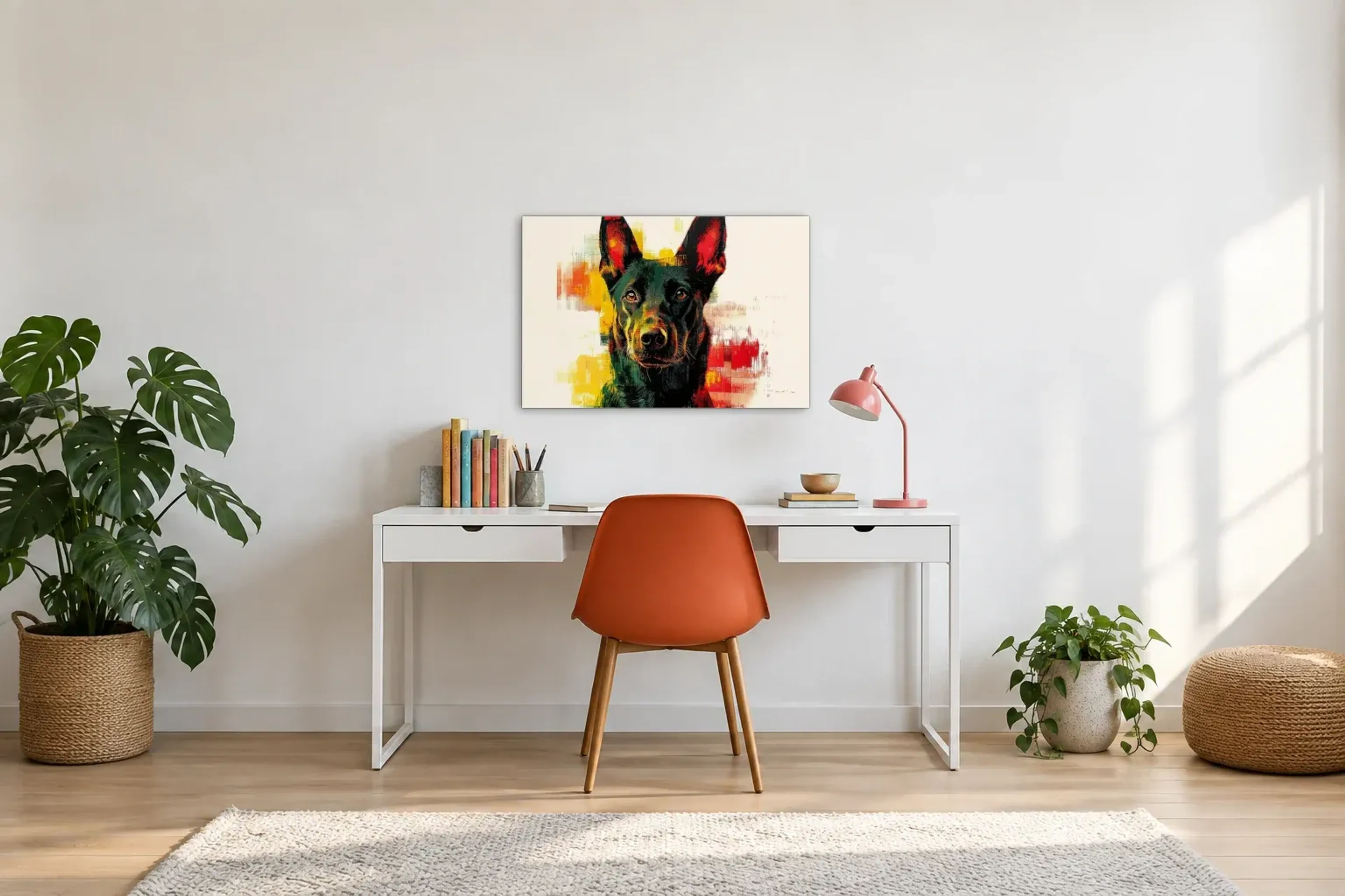 Malinois mit wachem Blick als Wandbild über einem 140-cm-Schreibtisch