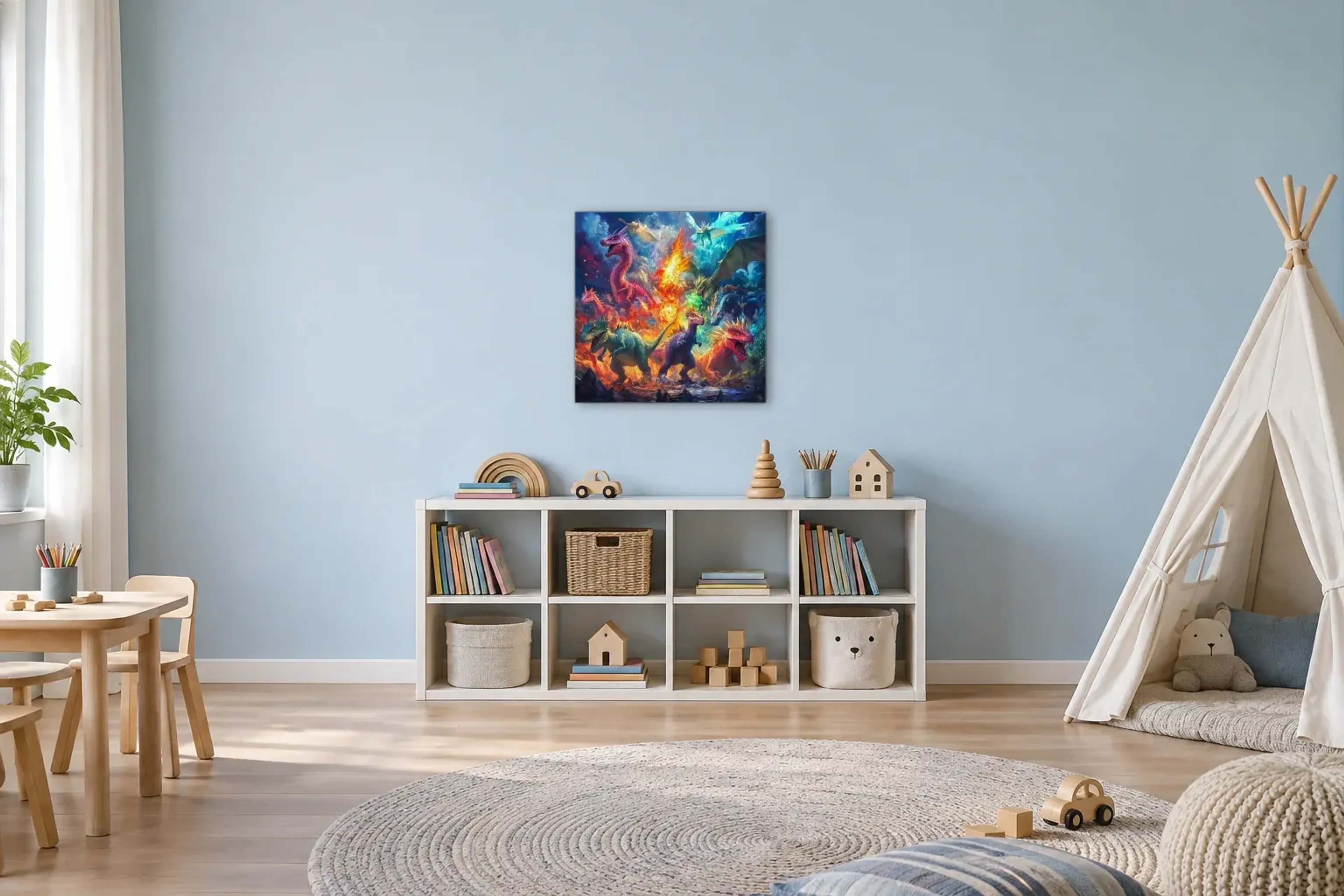 Drachen im Flammenmeer als Wandbild über einem 120-cm-Spielregal