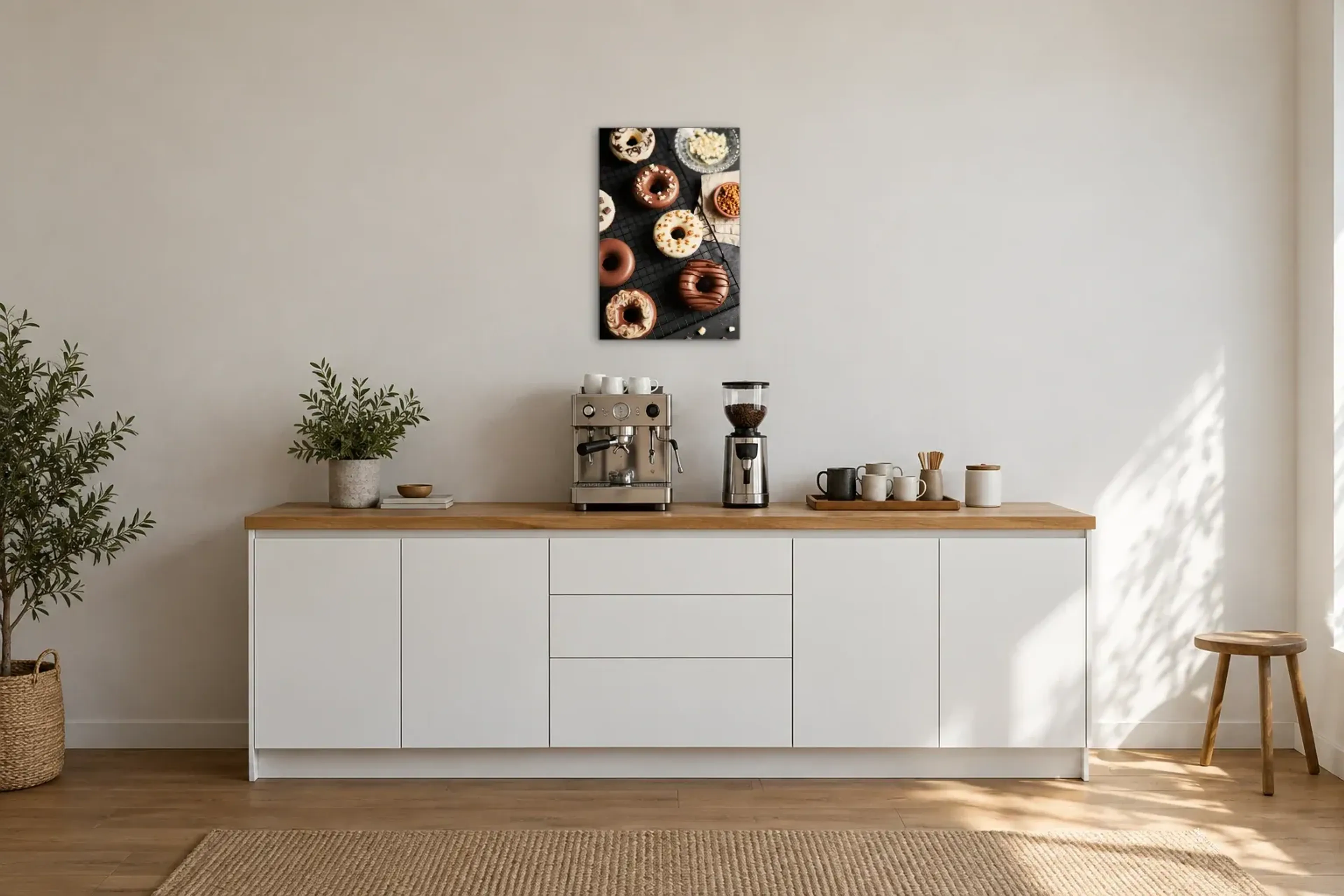 Donuts mit Glasur als Wandbild über einer 200-cm-Arbeitsplatte