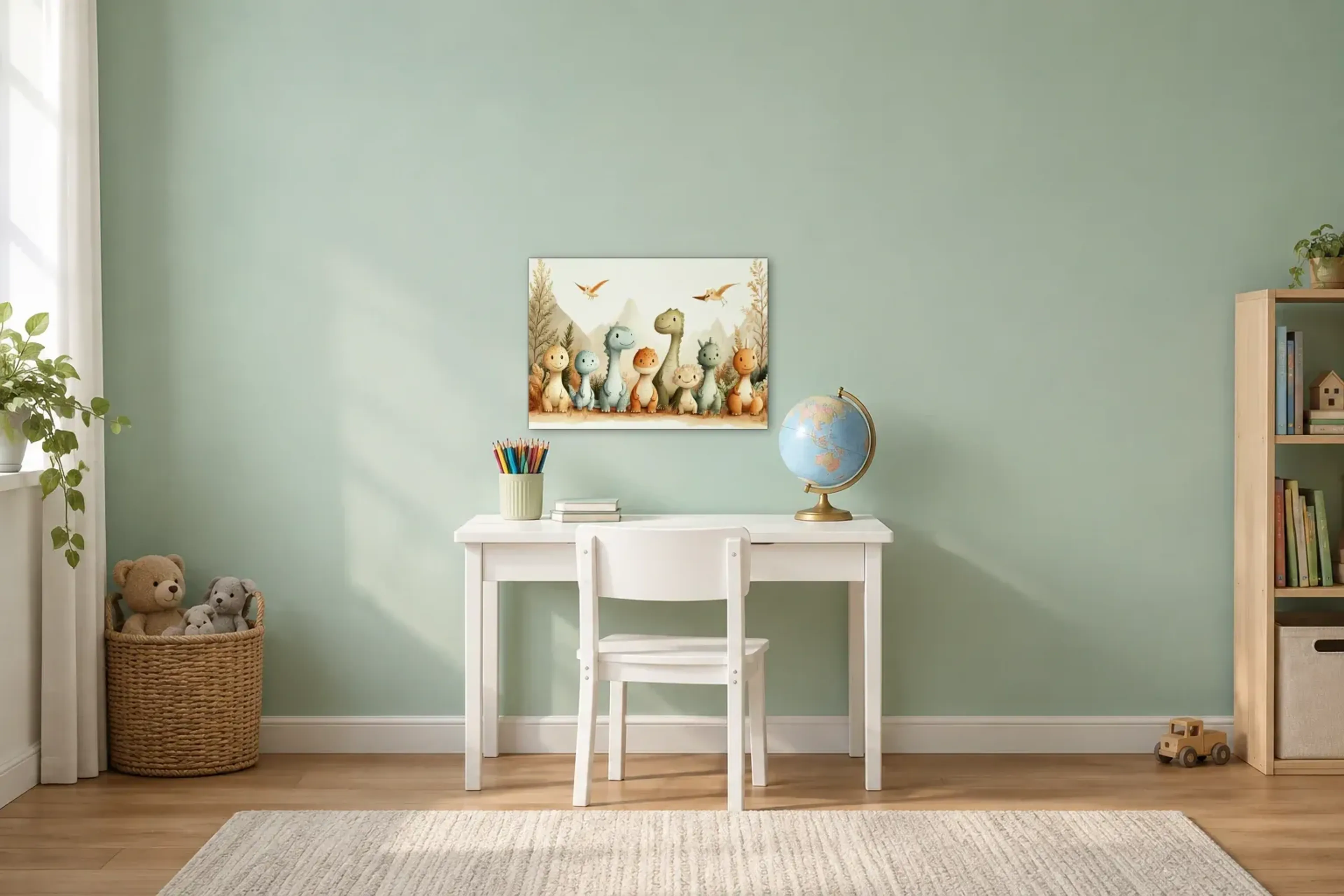 Kleine Dino-Runde als Wandbild über einem 110-cm-Kinderschreibtisch