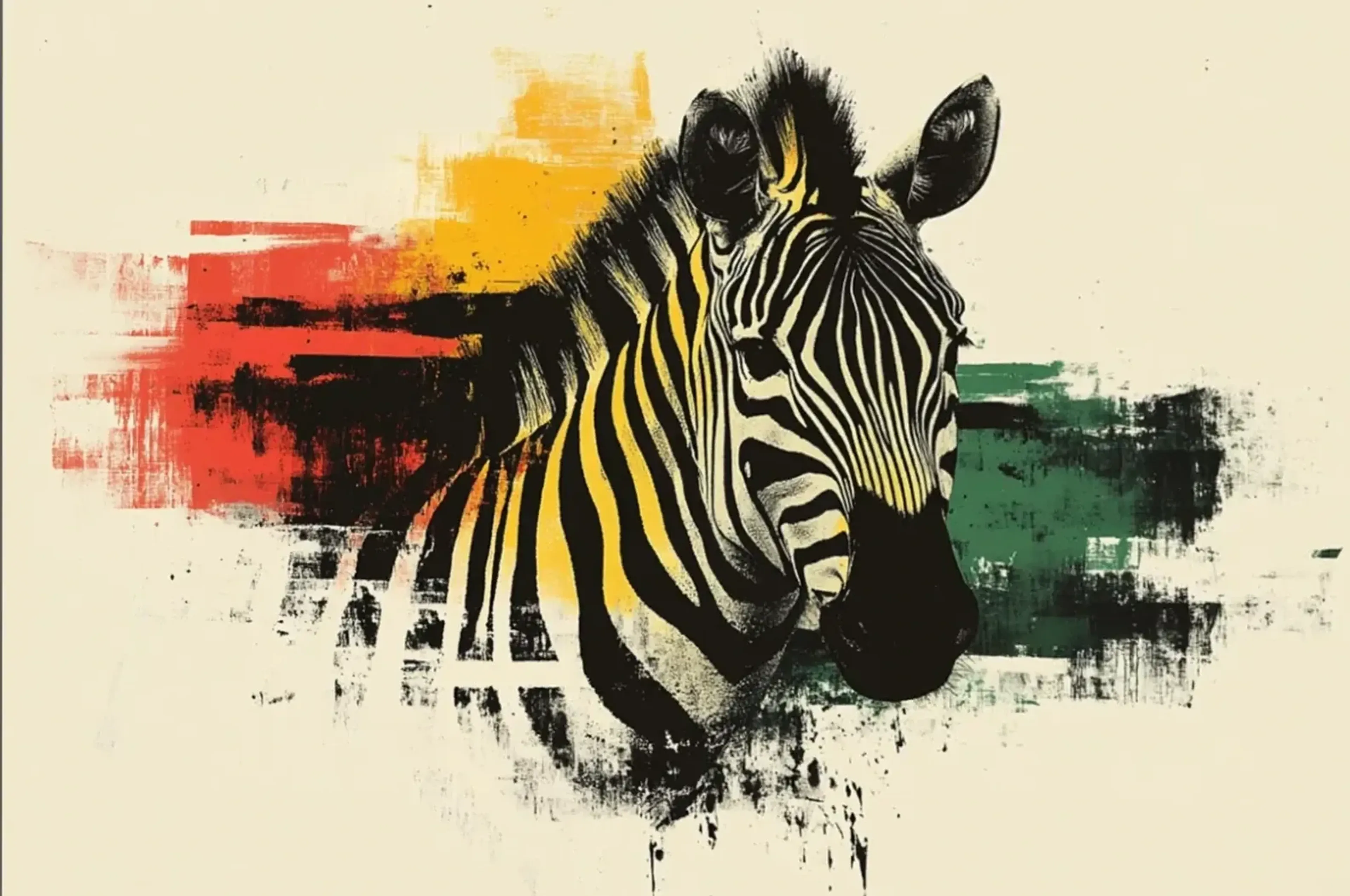 Zebra mit Farbspuren – Motiv als Wandbild auf Holz