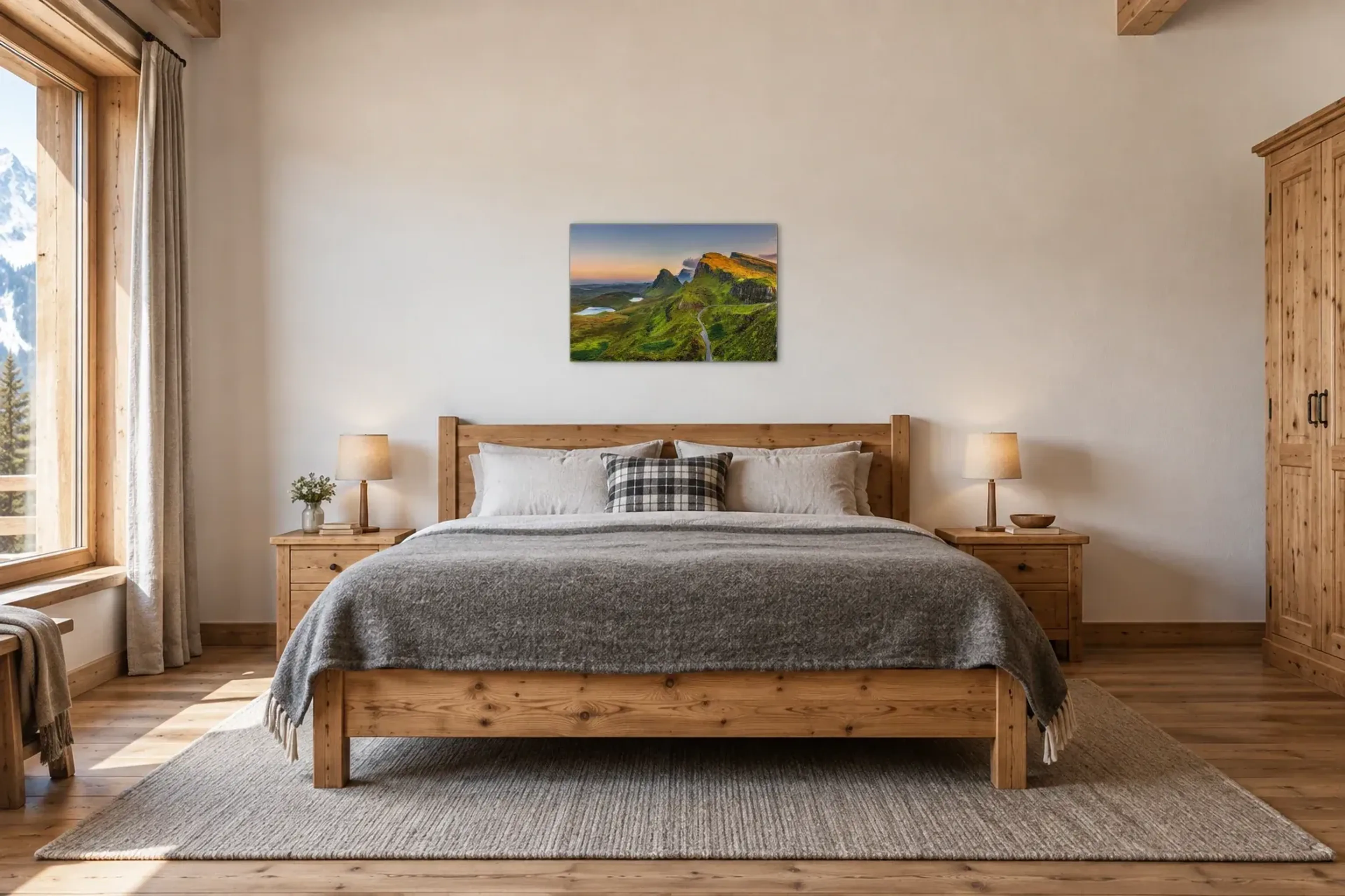 Schottlands grüne Hänge als Wandbild über einem 180-cm-Bett