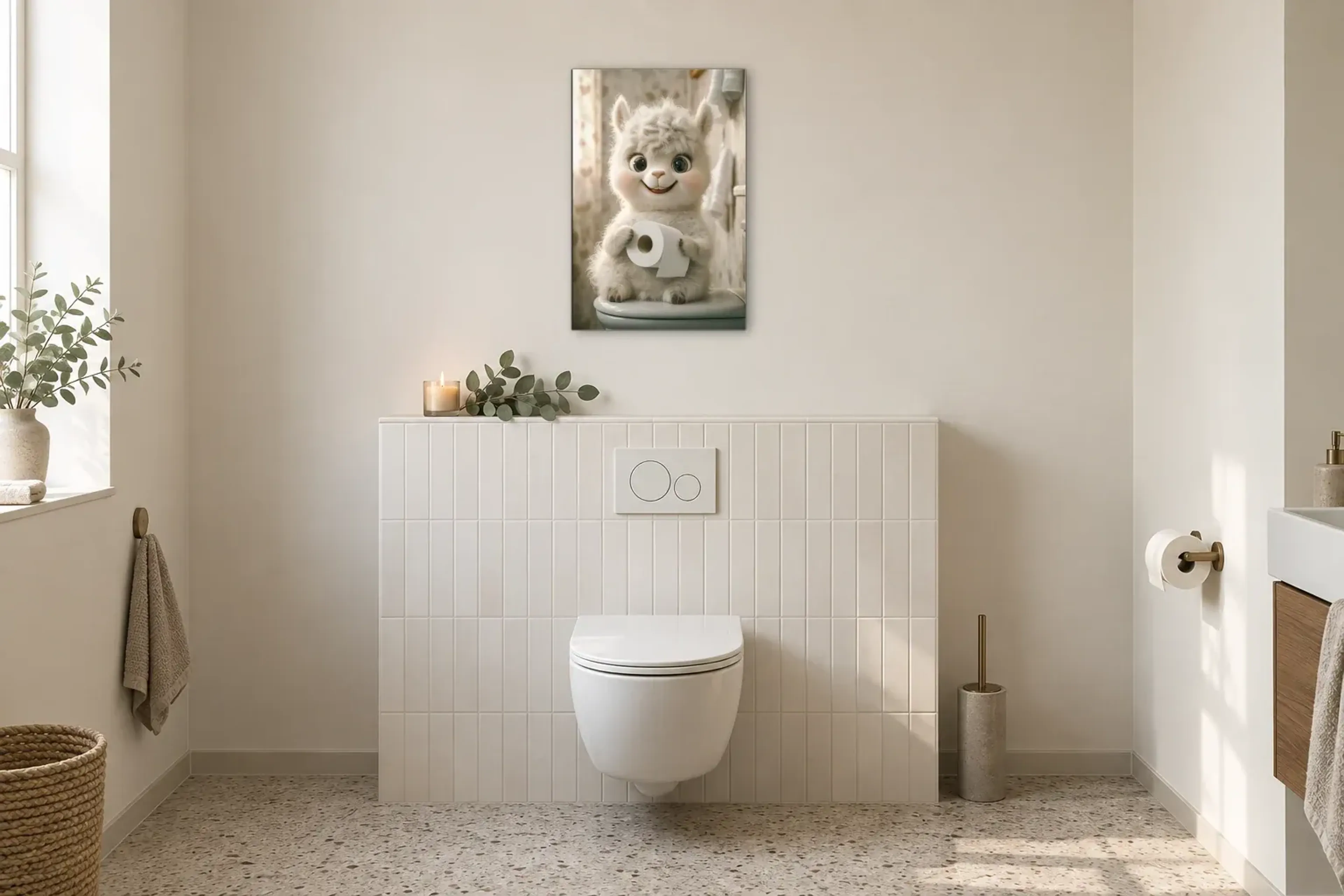 Alpaka mit Papierrolle als Wandbild im Gäste-WC