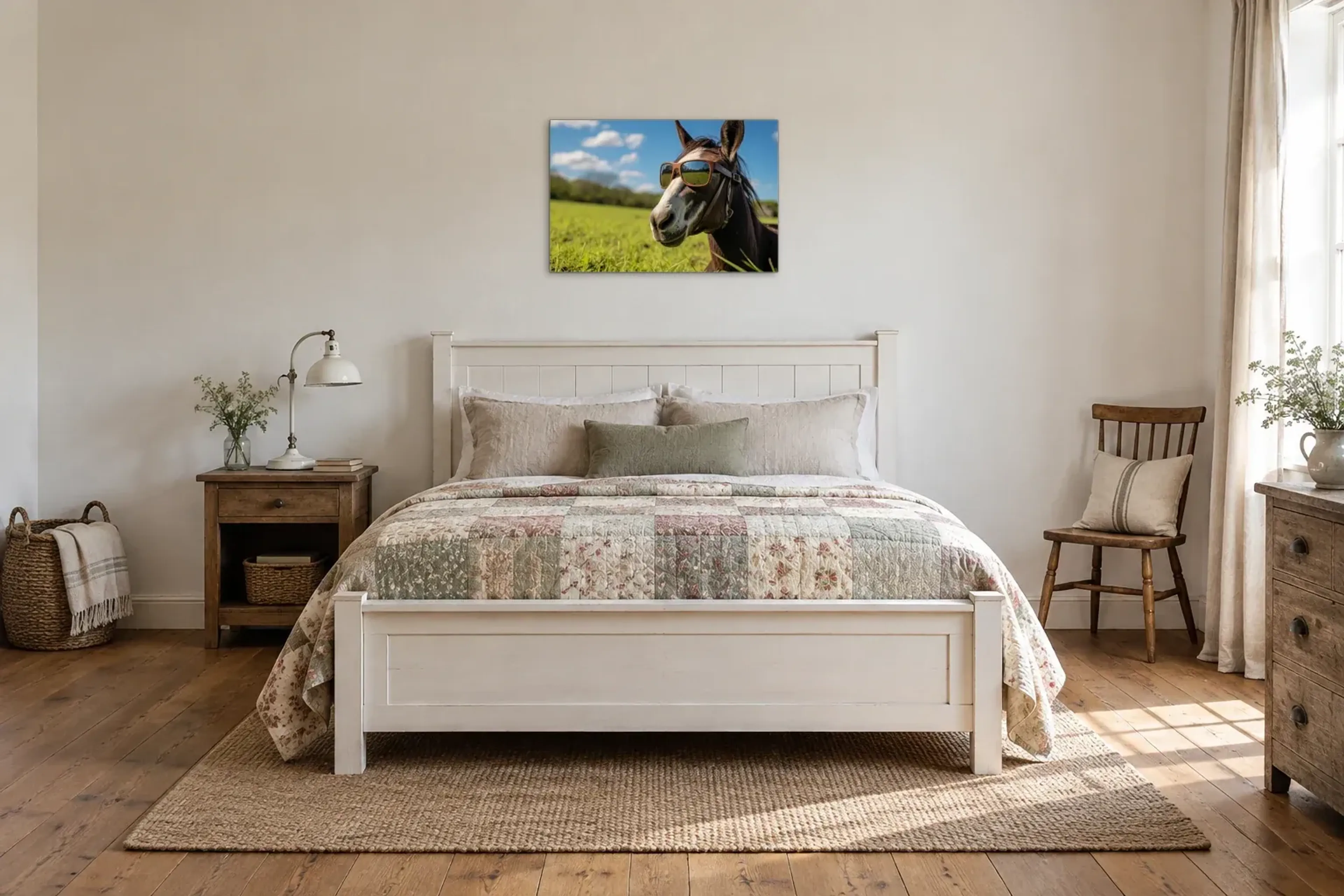 Pferd mit Sonnenbrille als Wandbild über einem 160-cm-Bett
