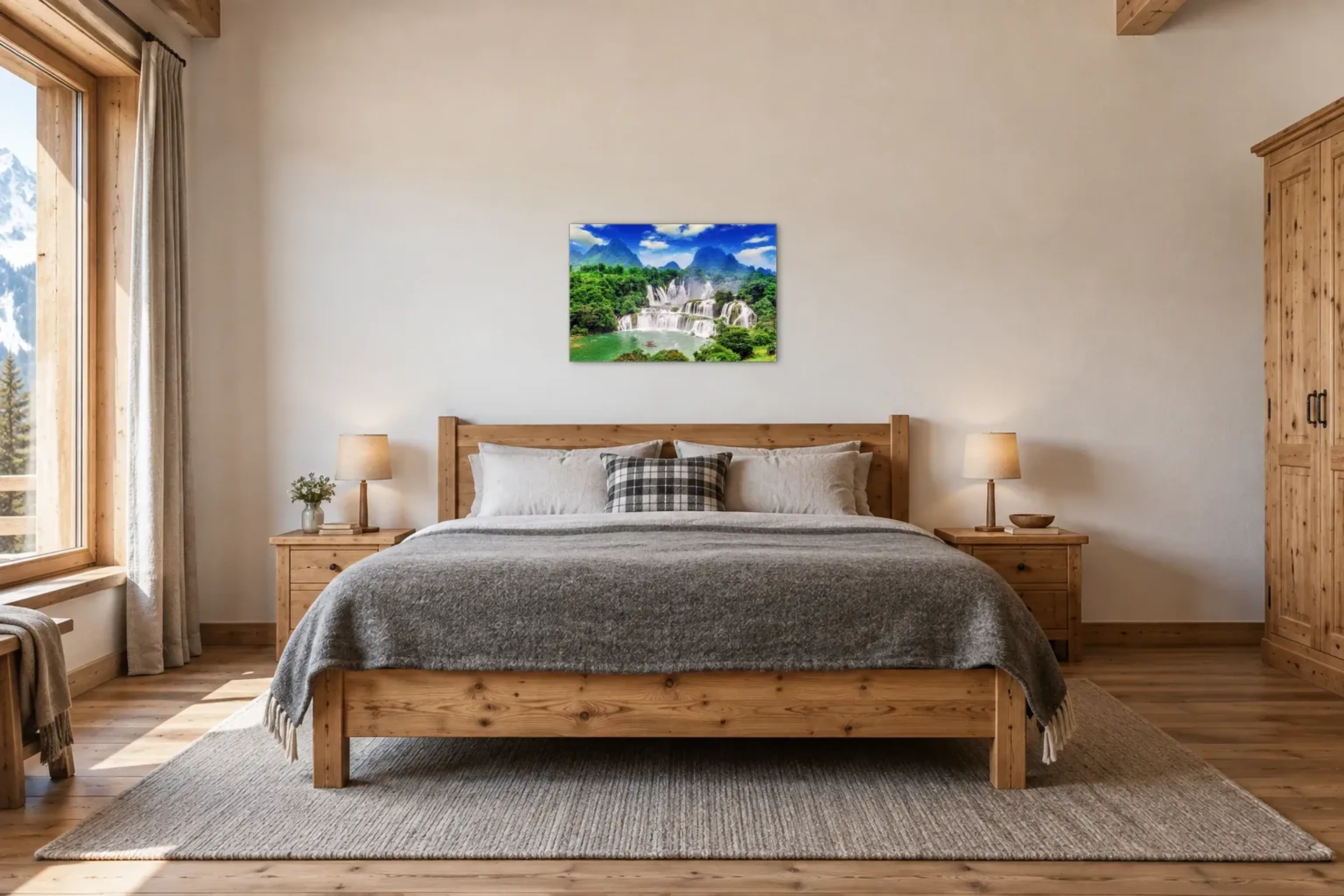 Kaskaden zwischen grünen Bergen als Wandbild über einem 180-cm-Bett