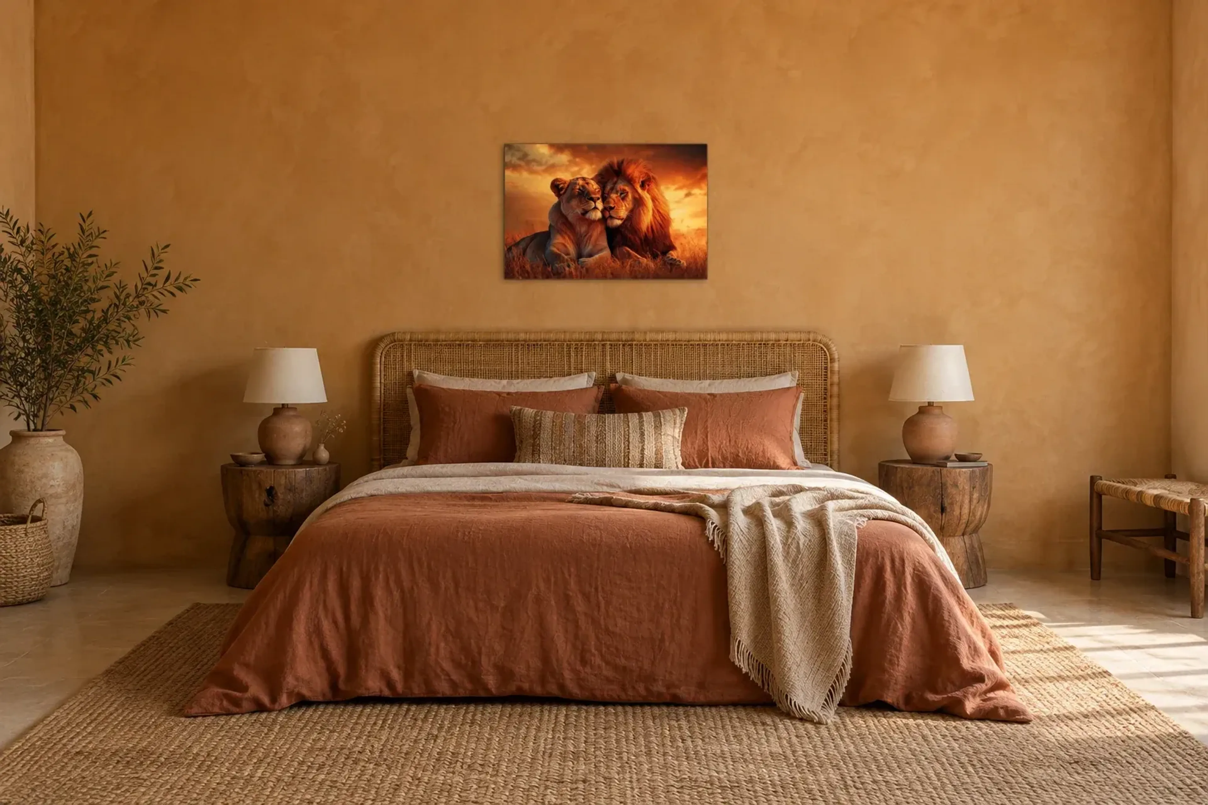 Löwenstärke als Wandbild über einem 180-cm-Bett