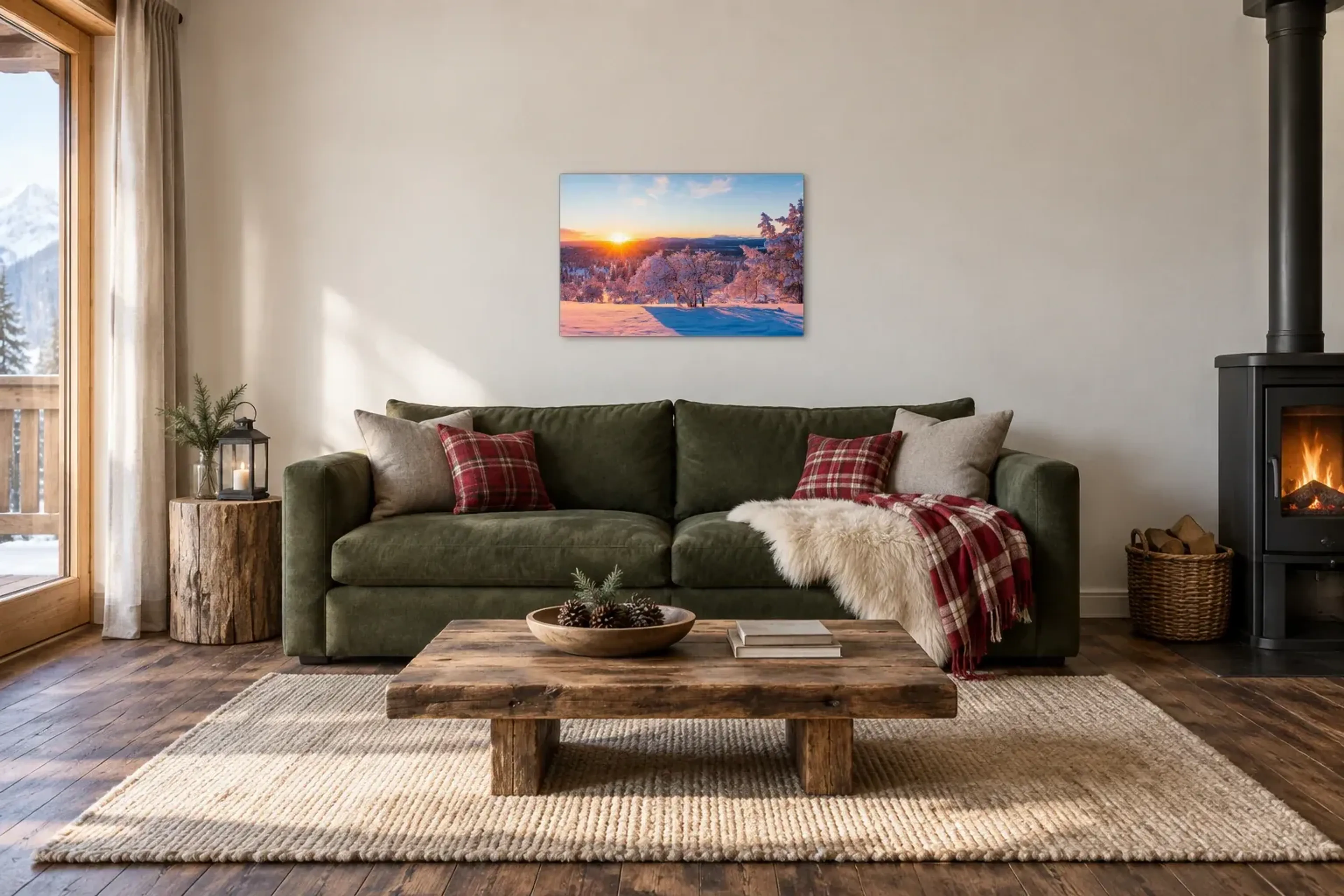 Winterlandschaft im Sonnenlicht als Wandbild über einem 220-cm-Sofa