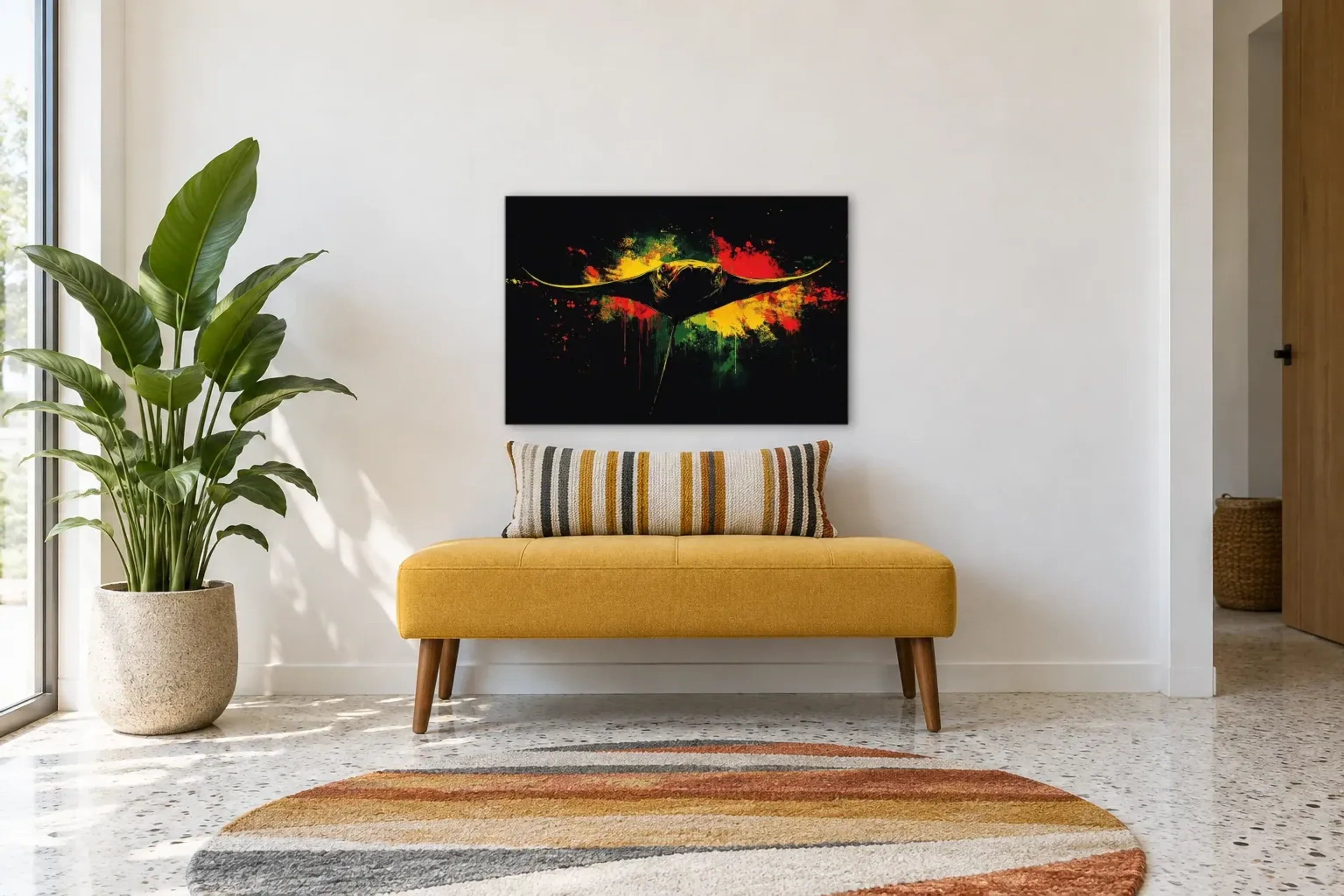 Manta Rochen als Wandbild über einer 120-cm-Bank
