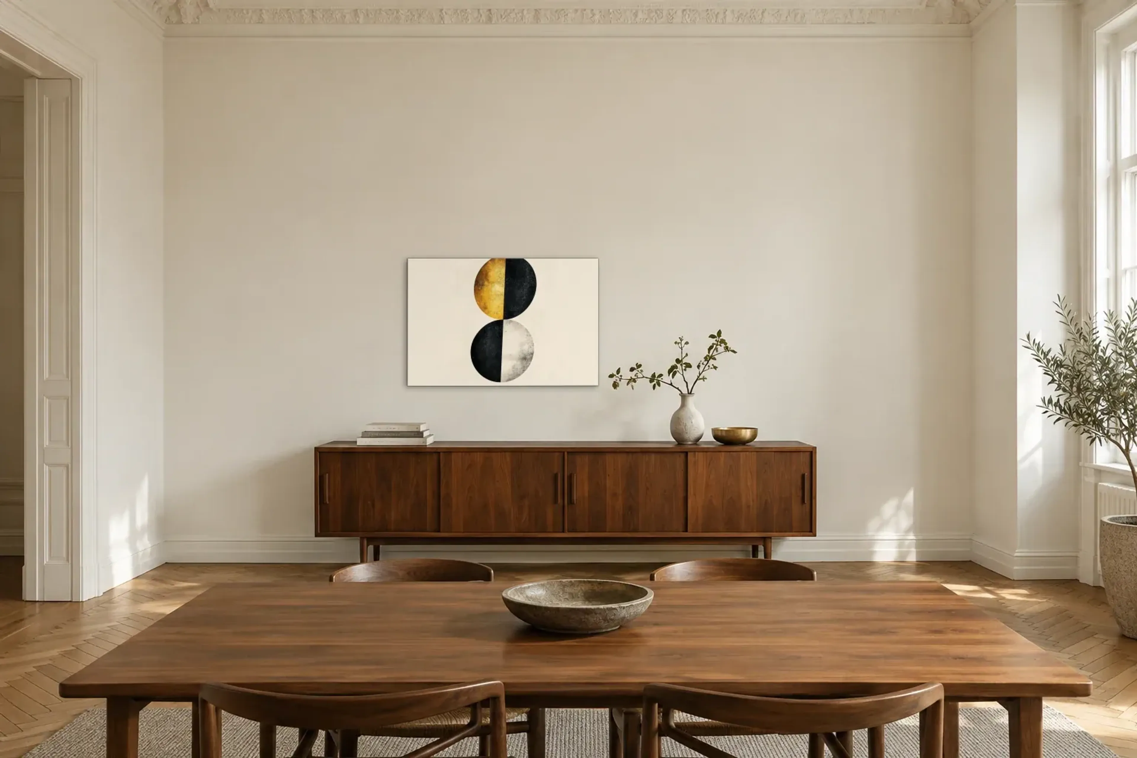Zwei geteilte Kreise als Wandbild über einem 200-cm-Sideboard