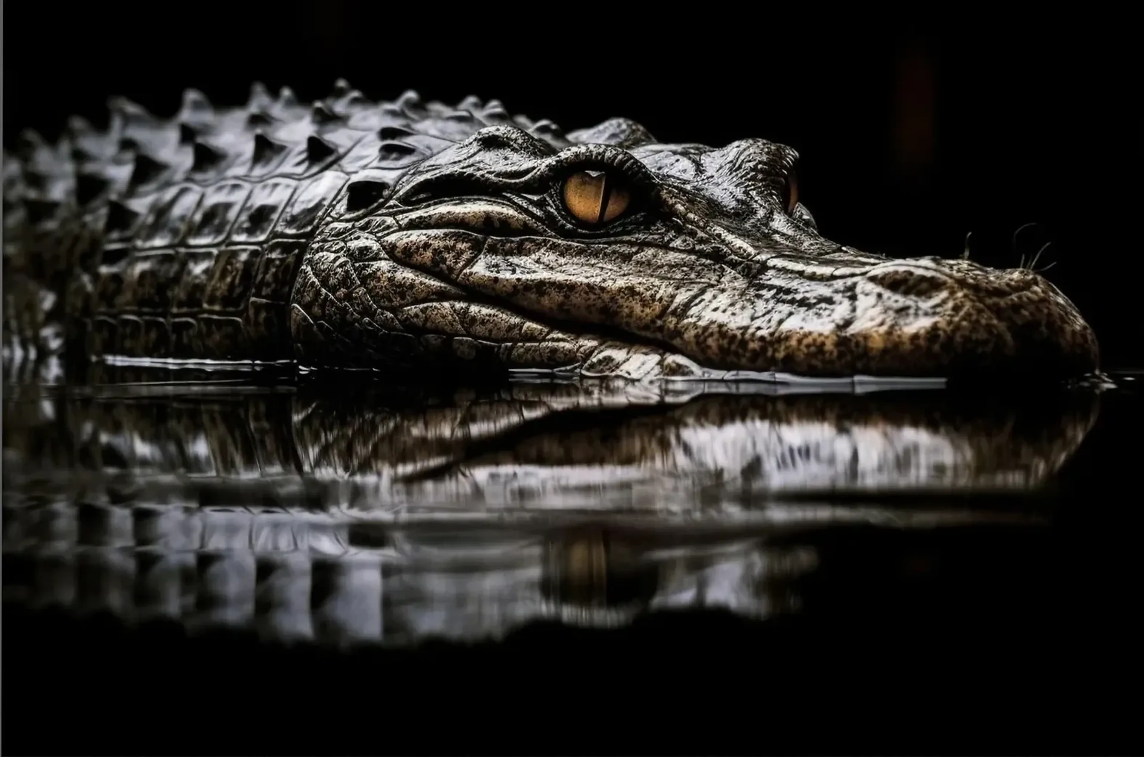 Krokodil mit geschlossenem Maul und goldfarbenem Auge im dunklen Wasser, darunter seine Spiegelung.