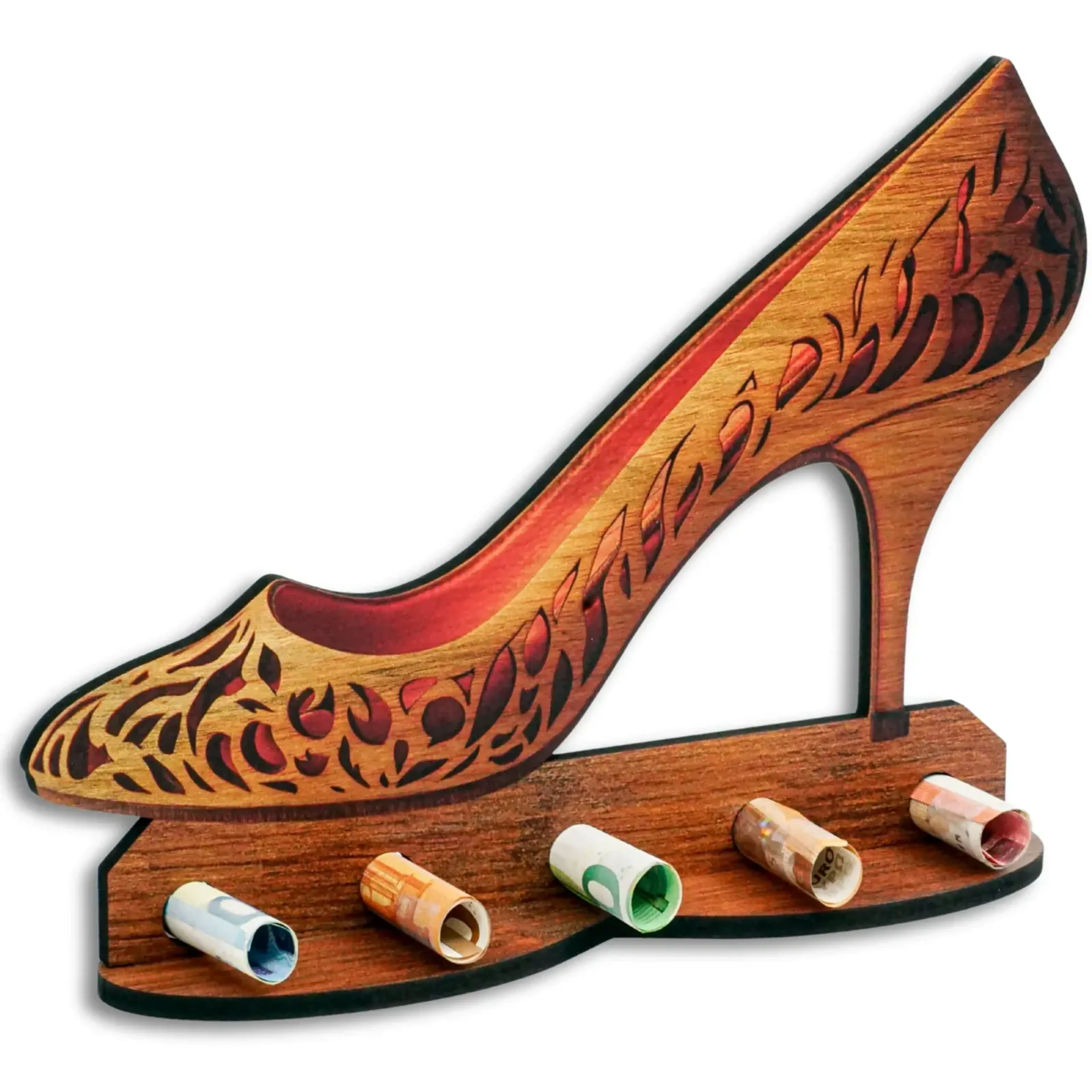 Schuh mit hohem Absatz, Blättermuster und roter Innenseite in Holzoptik, darunter fünf gerollte Geldscheine.