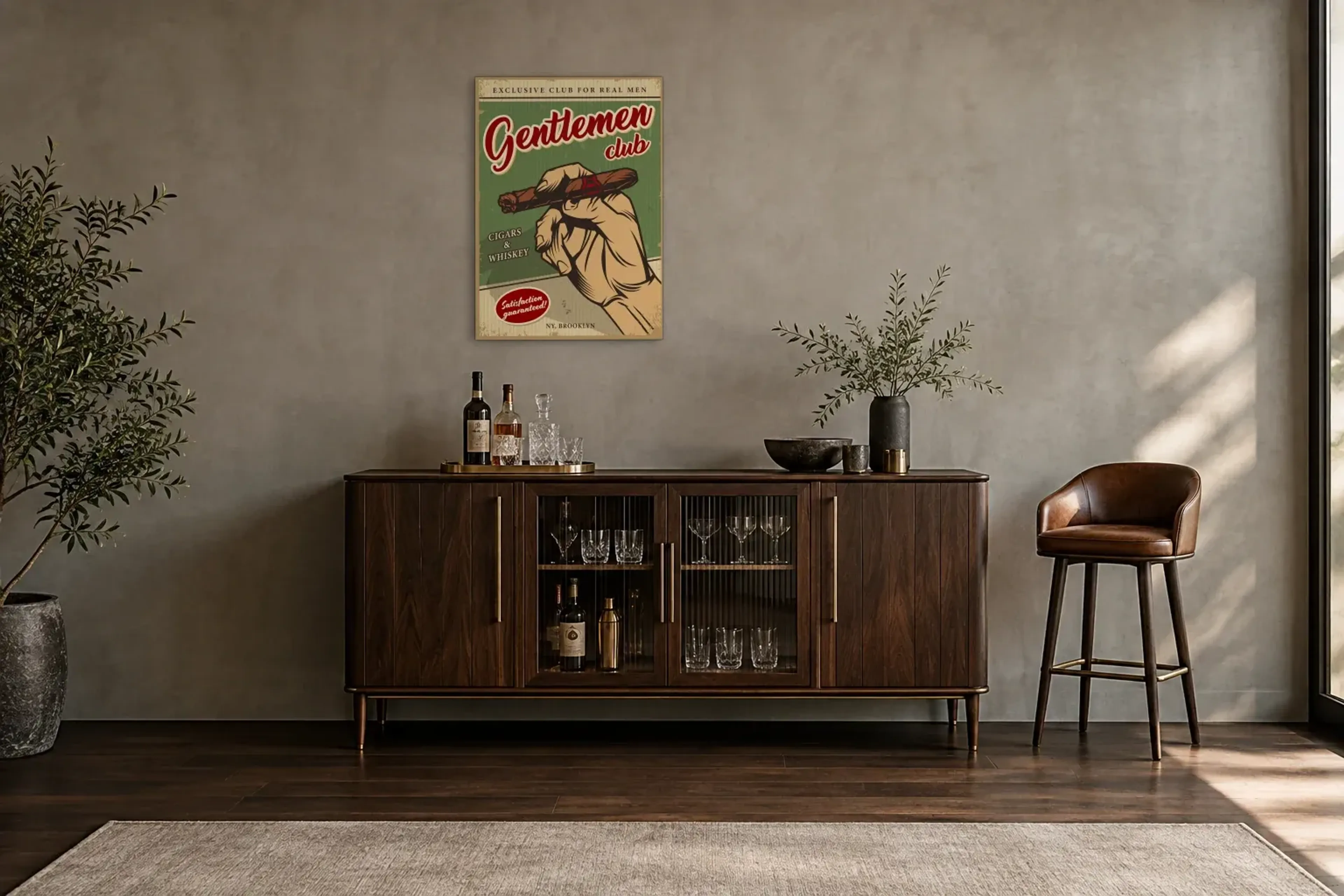Gentlemen Club Zigarre als Wandbild über einem 150-cm-Barschrank