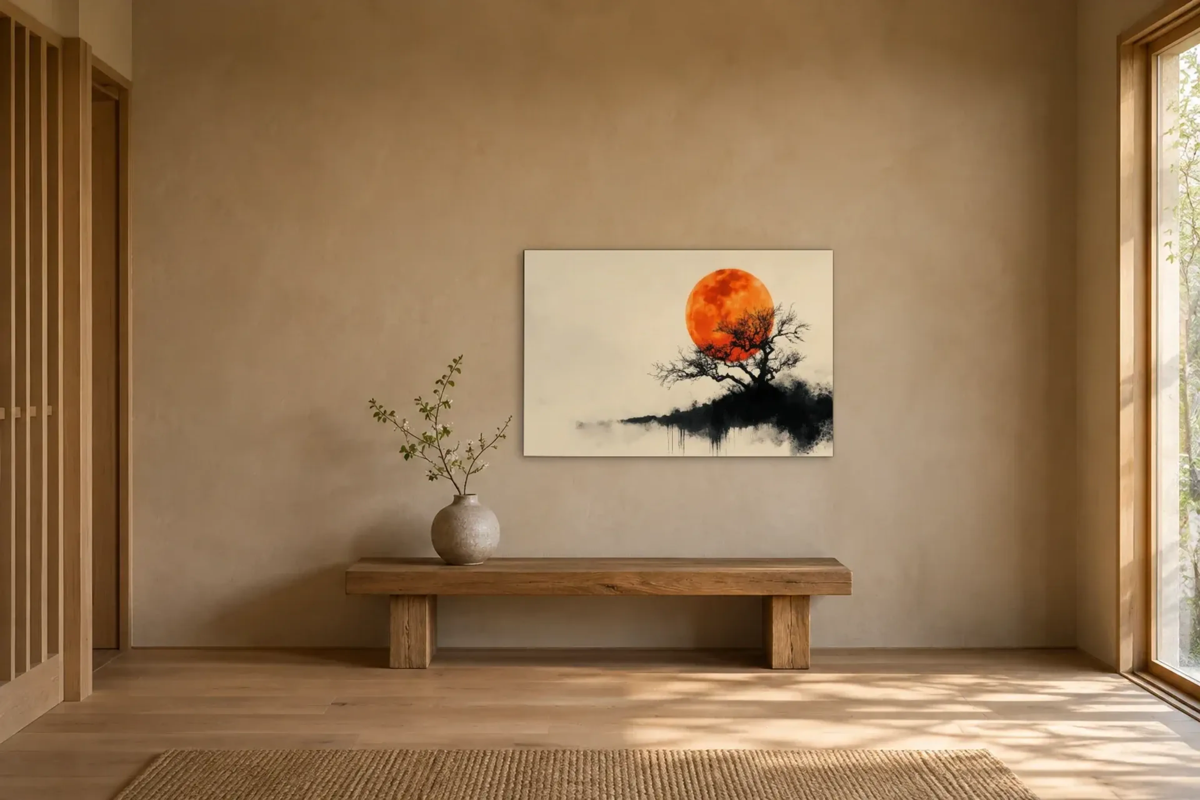 Baum vor orangefarbener Sonne als Wandbild über einer 120-cm-Holzbank