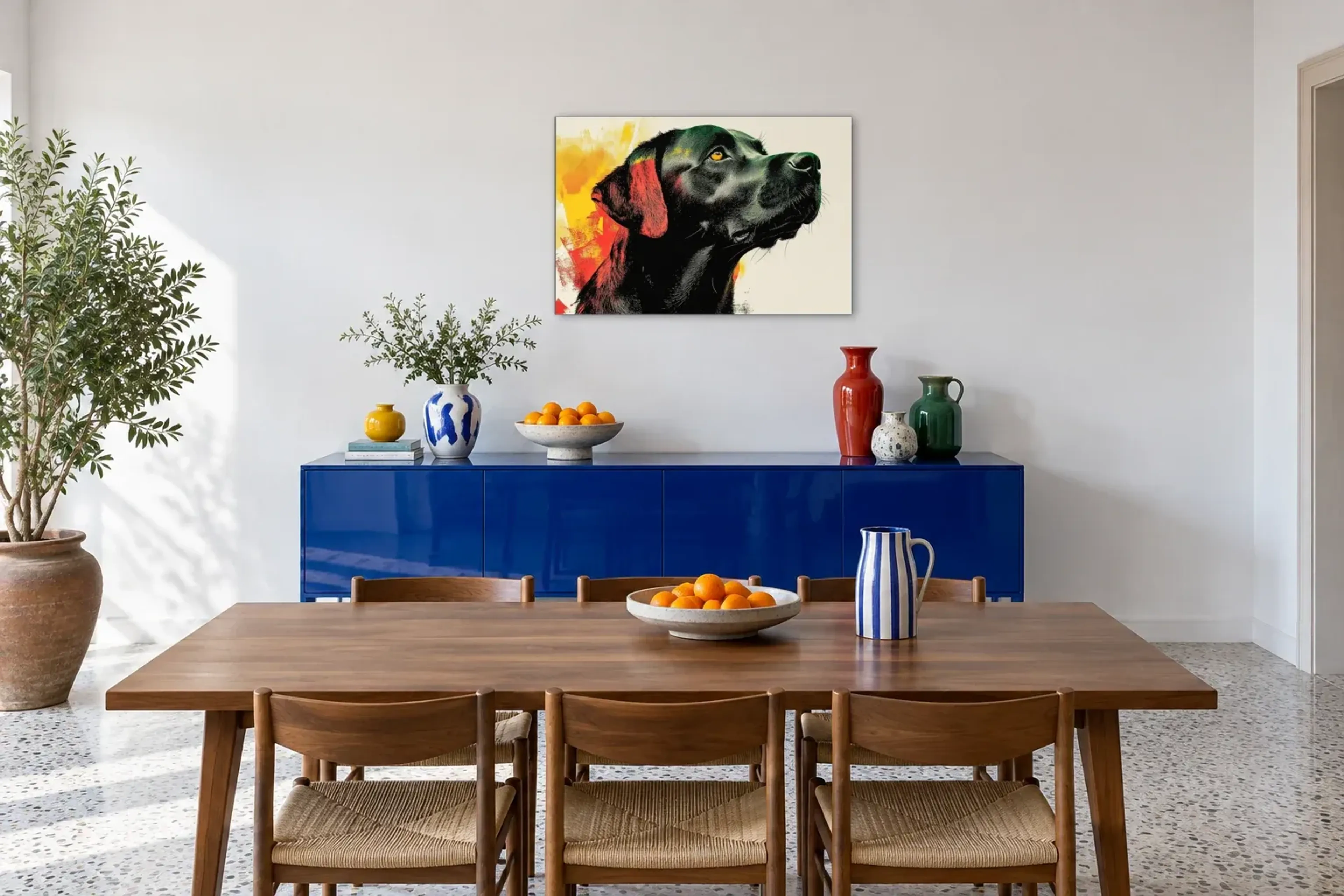 Labrador mit goldenem Blick als Wandbild über einem 180-cm-Sideboard