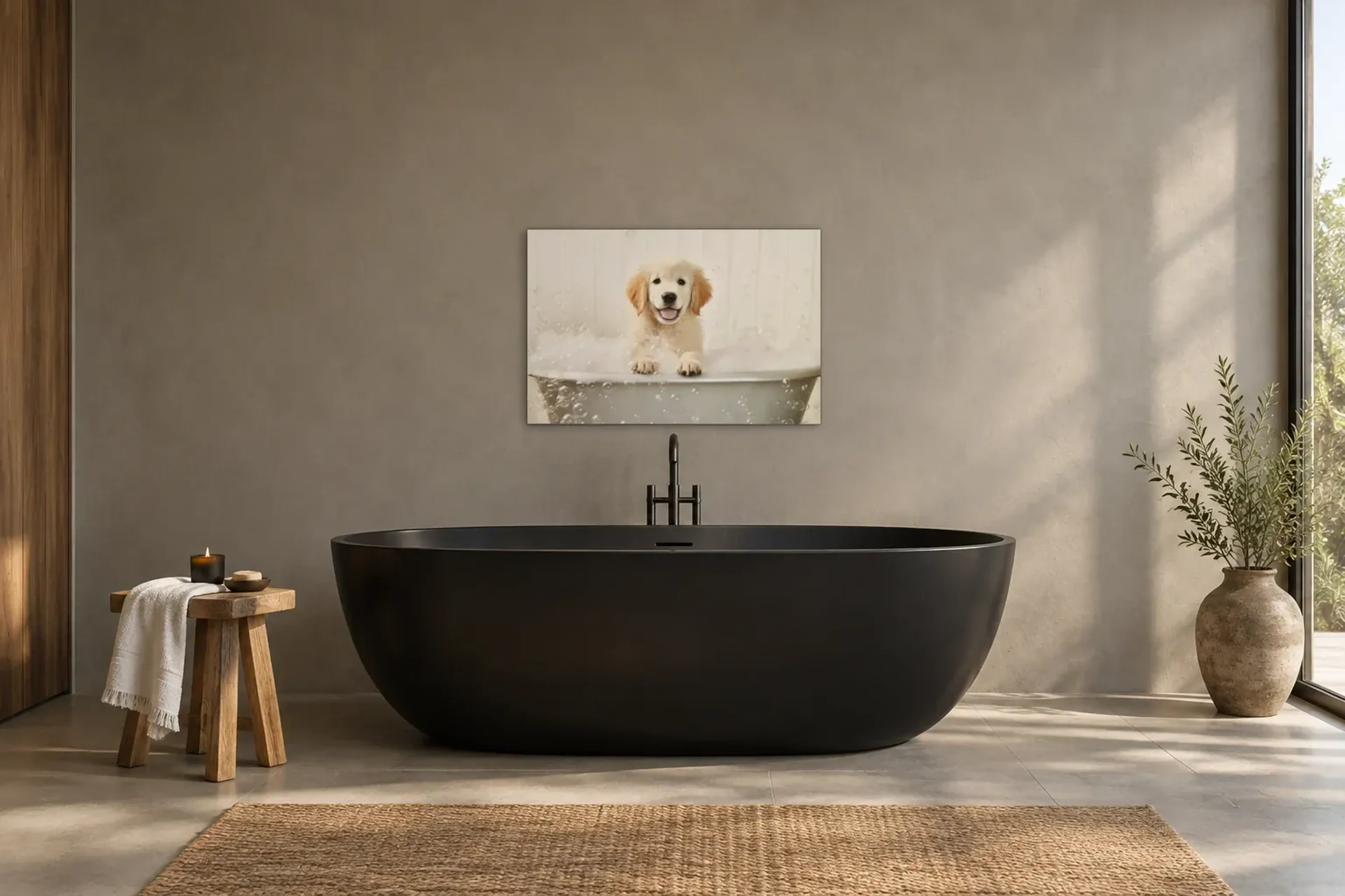 Golden Retriever als Wandbild über einer 170-cm-Badewanne