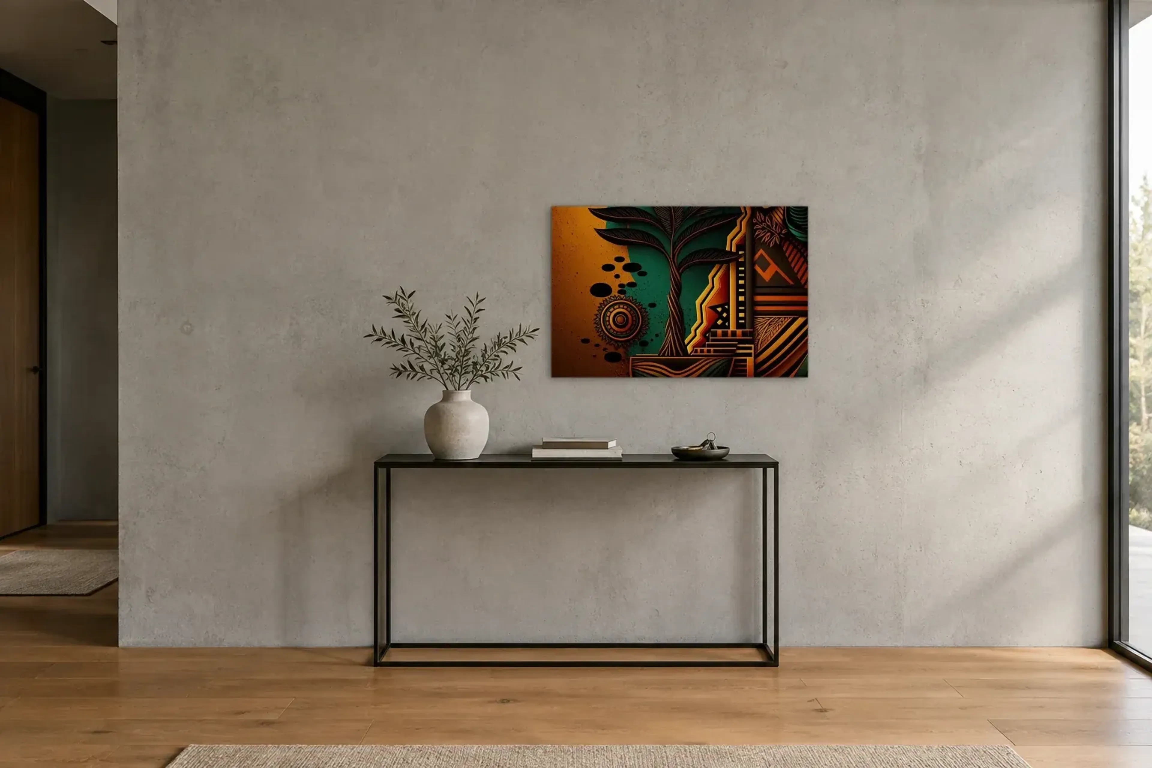 Baum zwischen Mustern als Wandbild über einer 120-cm-Konsole