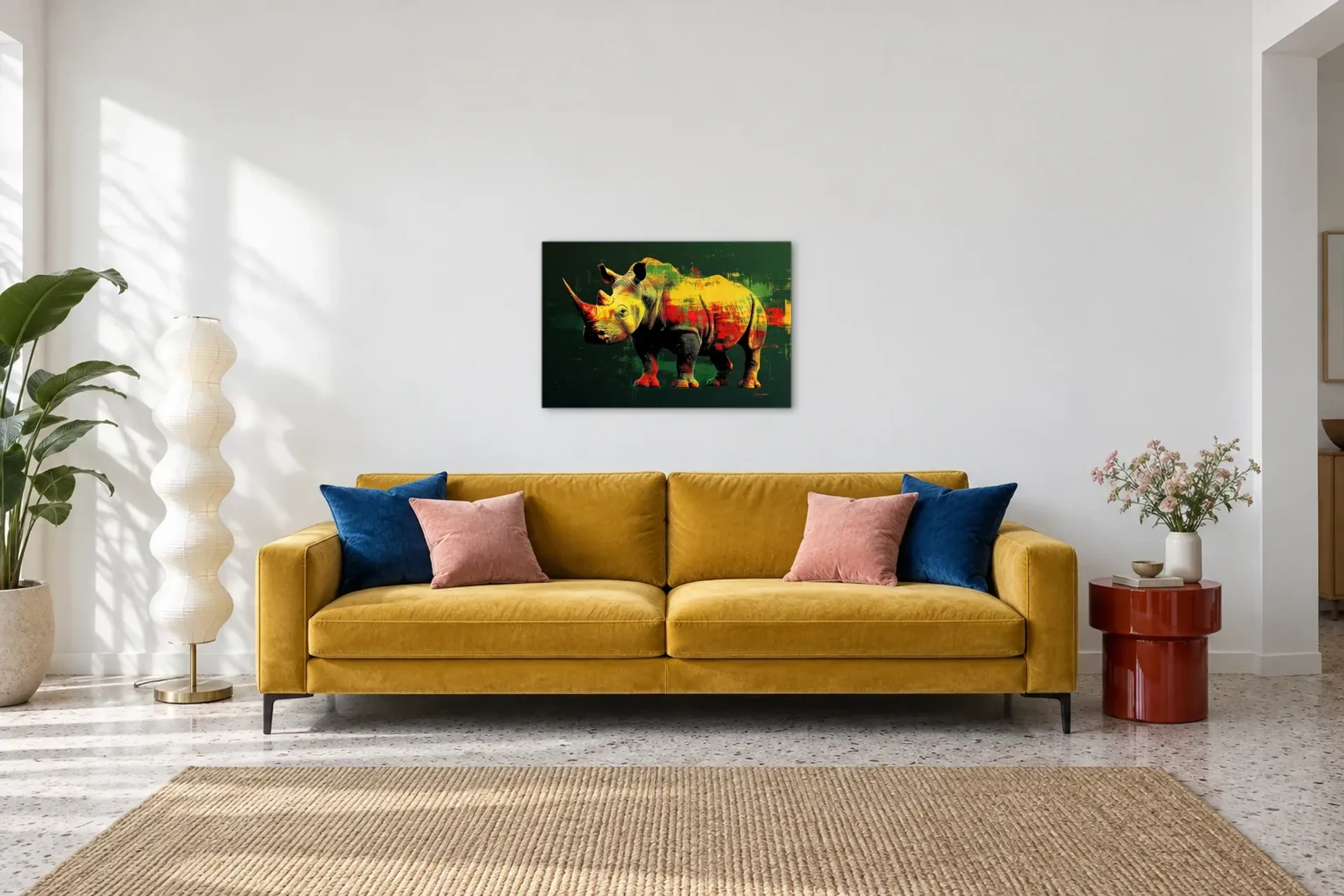 Rhinozeros als Wandbild über einem 220-cm-Sofa