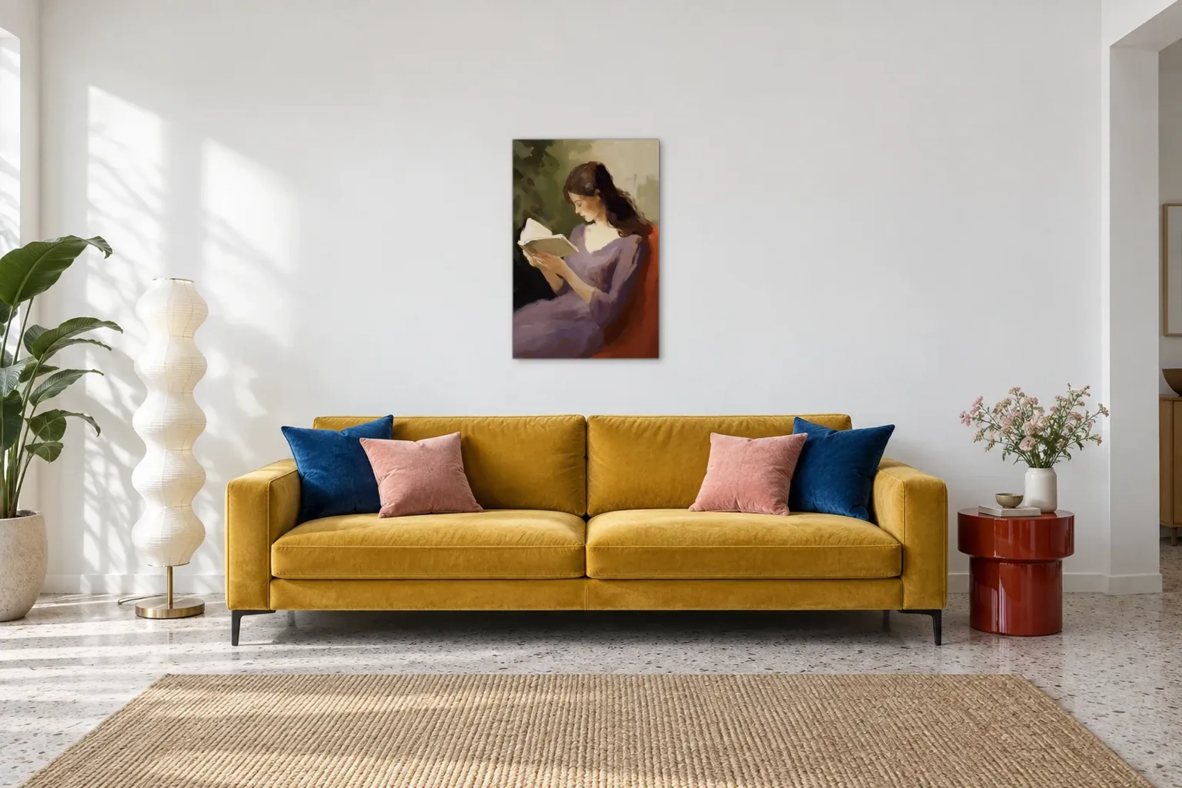 Frau liest ein Buch als Wandbild über einem 220-cm-Sofa