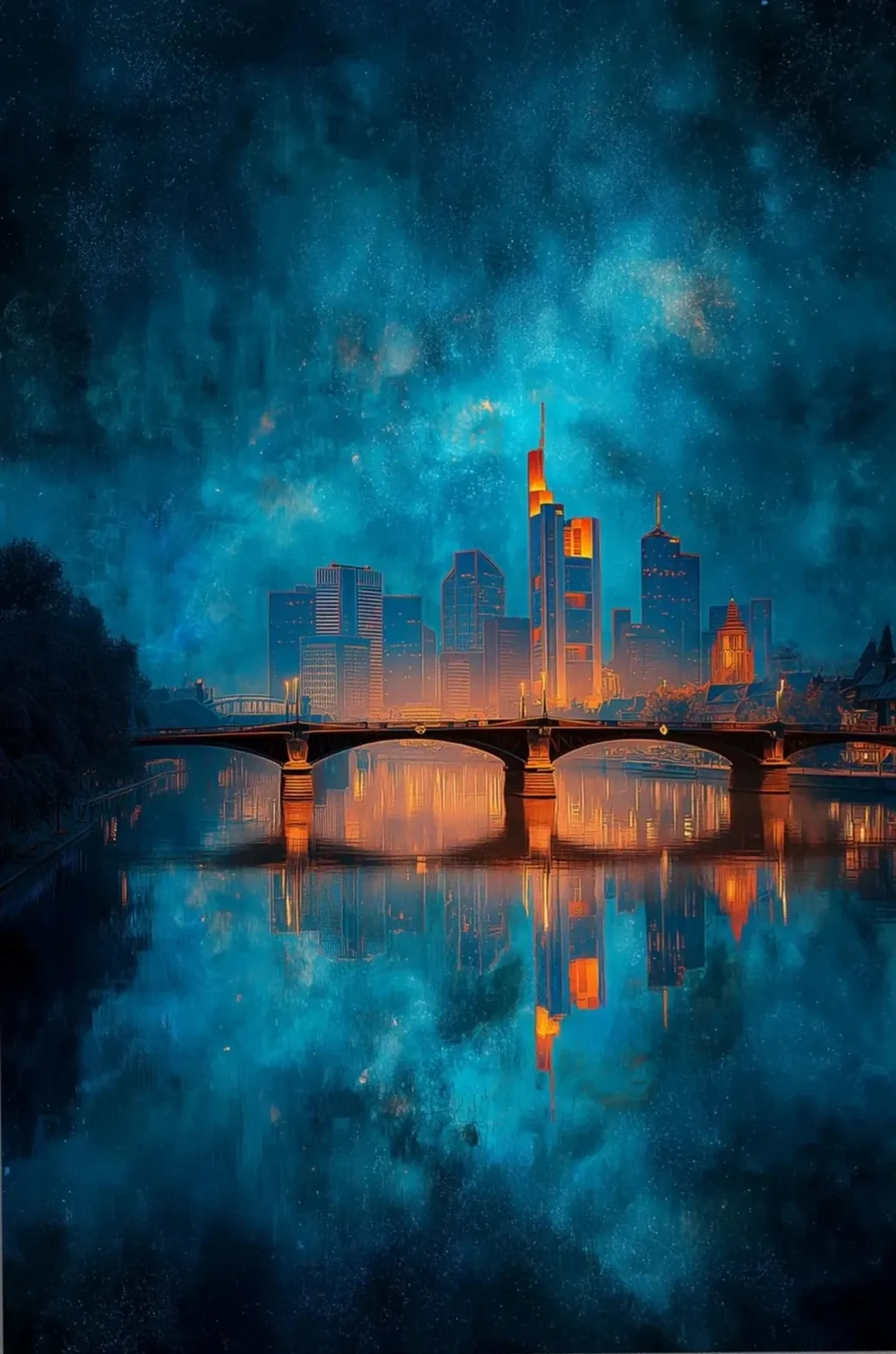 Orange beleuchtete Frankfurter Skyline mit Bogenbrücke und Spiegelung unter einem türkisblauen Nachthimmel.
