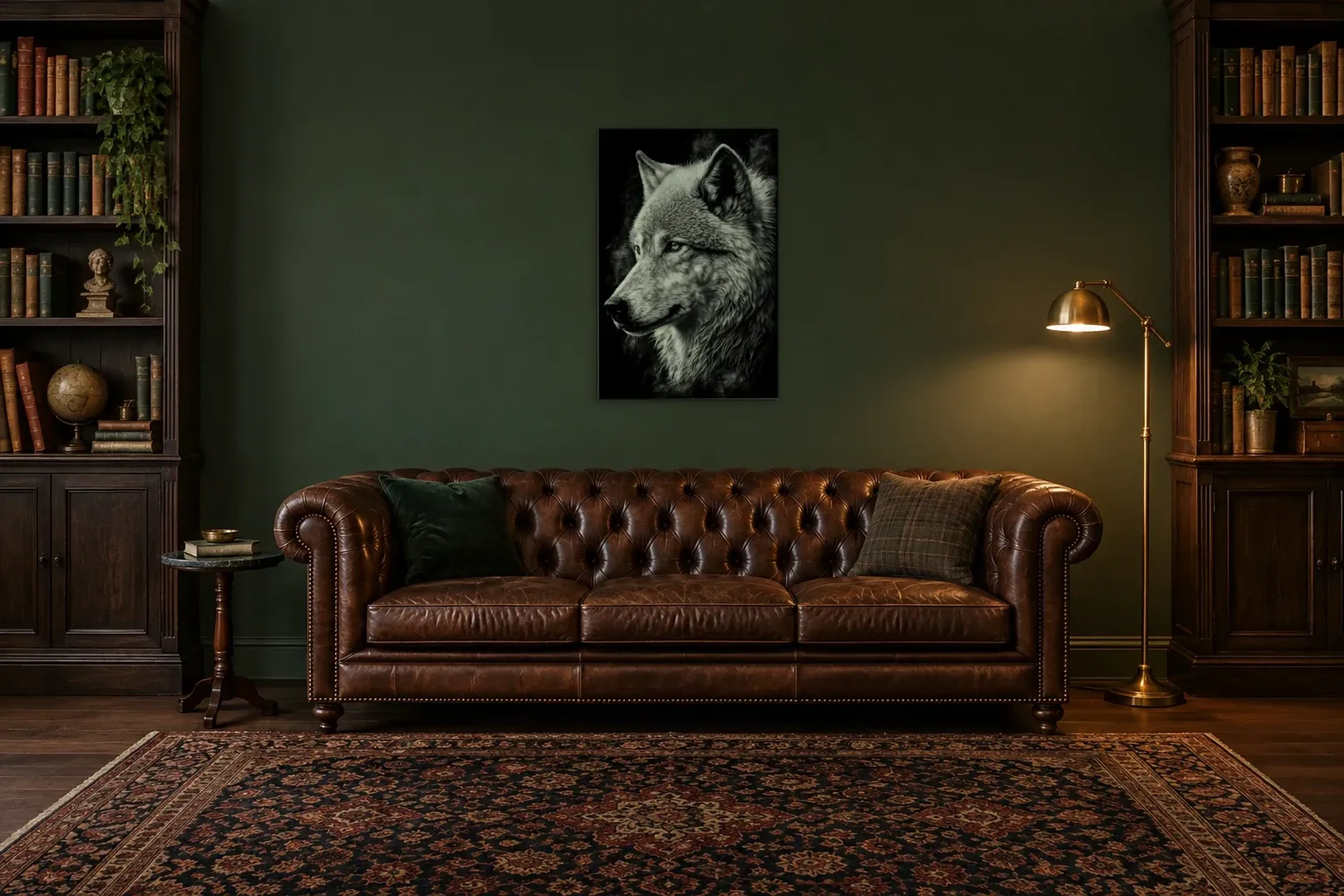 Wolfskopf schwarz weiß als Wandbild über einem 200-cm-Chesterfield-Sofa
