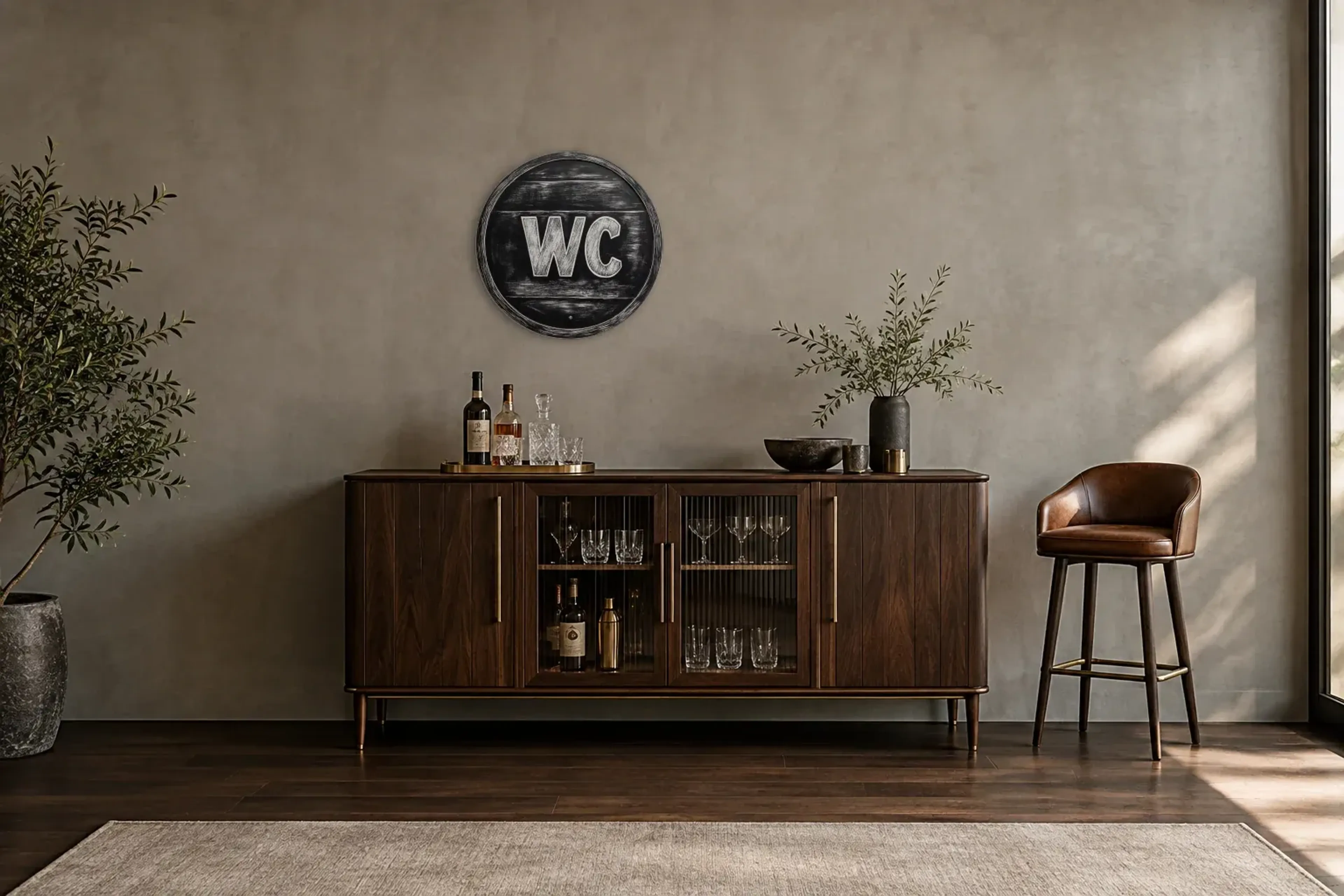 WC in Holzoptik als Wandbild über einem 150-cm-Barschrank