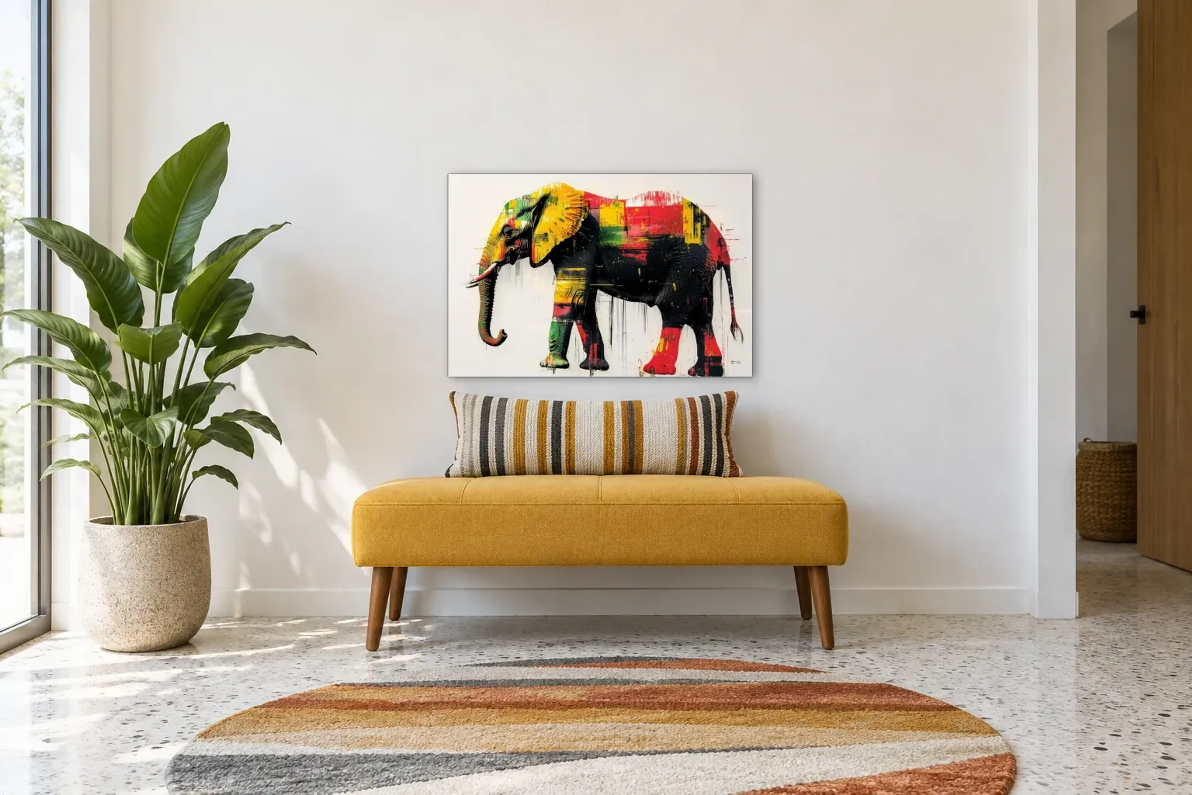 Elefant mit Farbstreifen als Wandbild über einer 120-cm-Bank