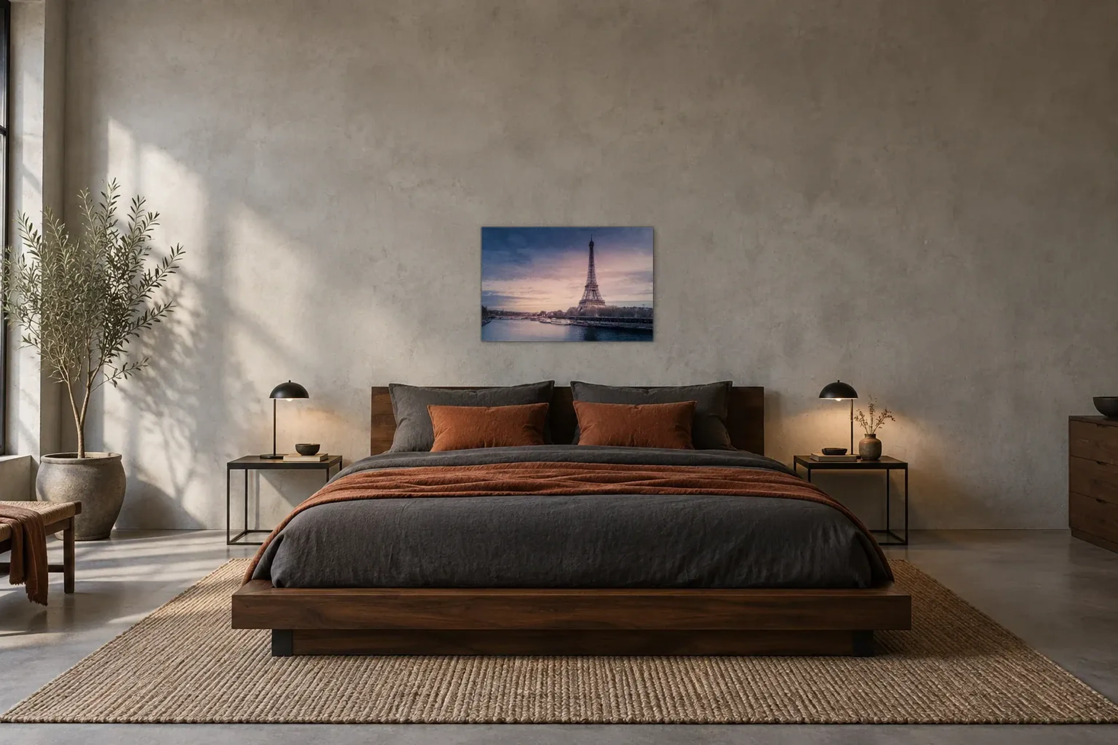 Eiffelturm an der Seine als Wandbild über einem 180-cm-Bett