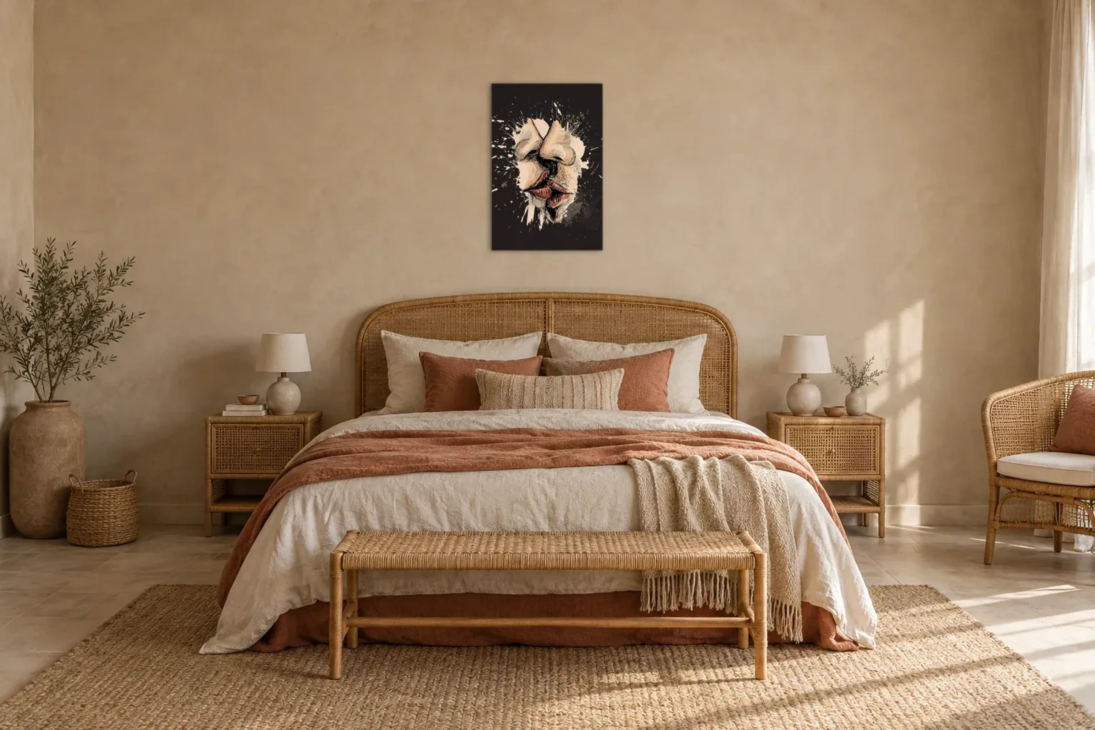 Kuss Pop Art als Wandbild über einem 180-cm-Bett