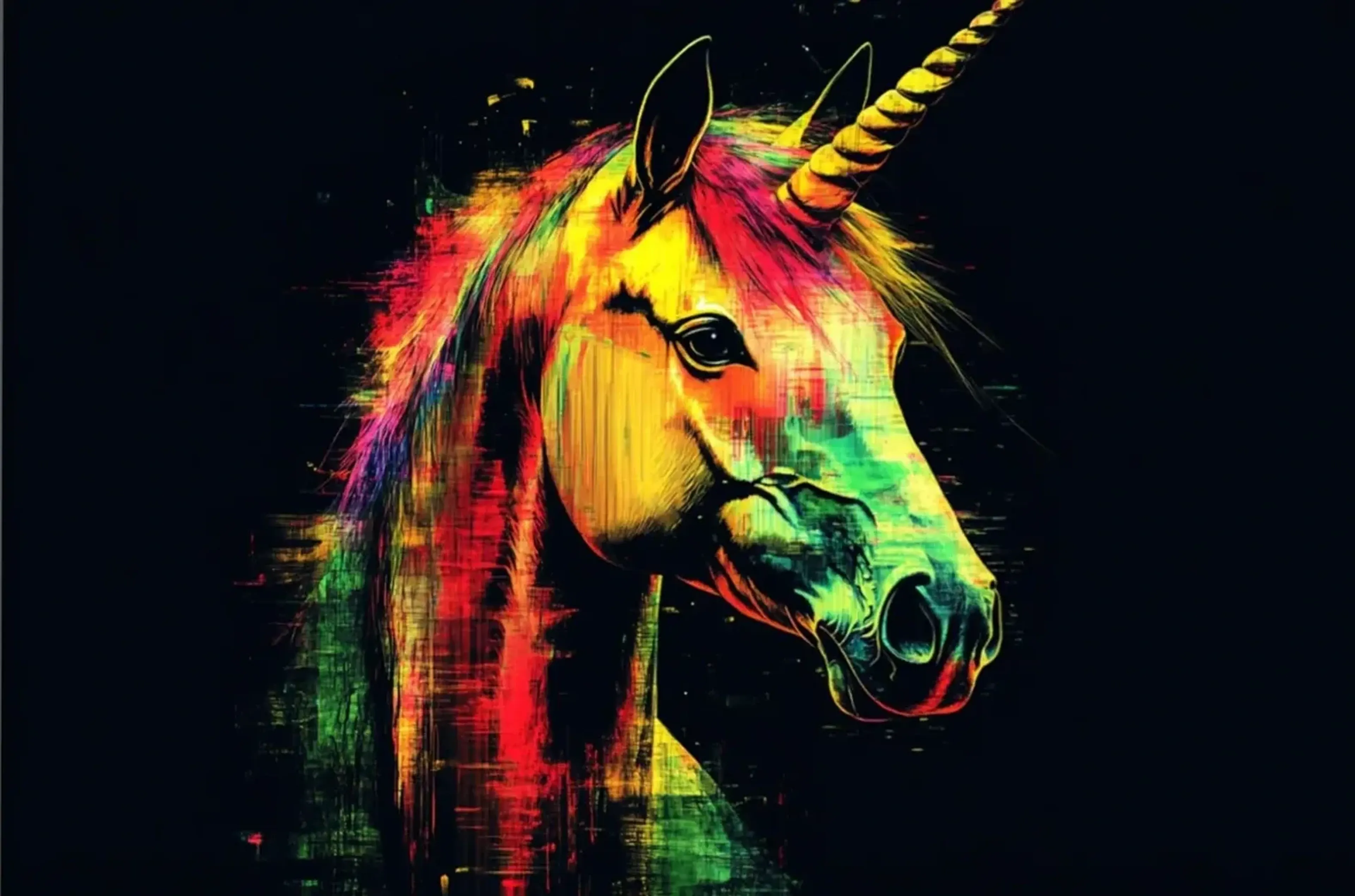 Einhornkopf mit gedrehtem Horn und gelb, rot und grün gefärbter Mähne vor fast schwarzem Hintergrund.