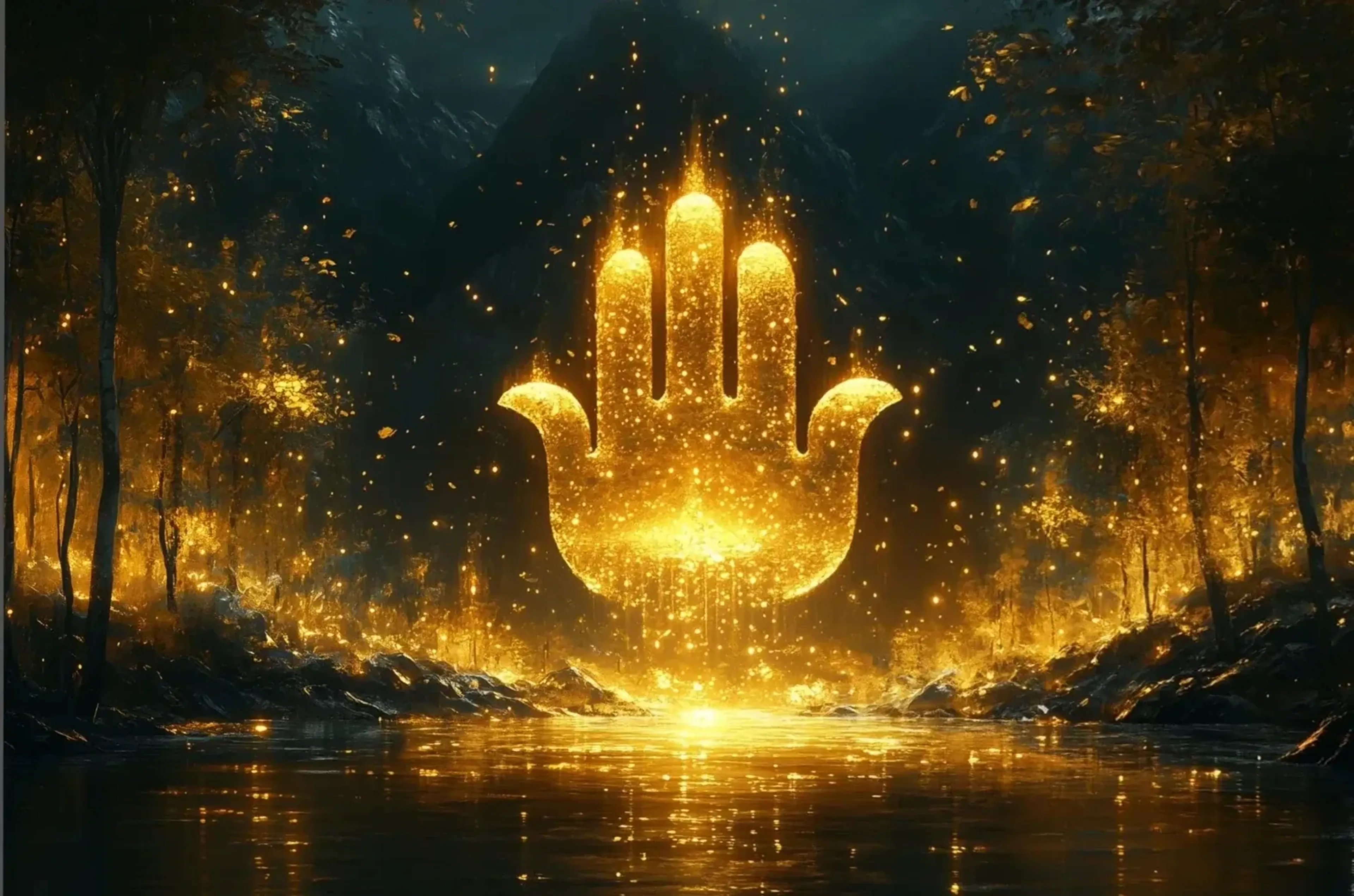 Eine goldene, symmetrische Handform aus Lichtpunkten schwebt über Wasser vor dunklen Bergen und Bäumen.