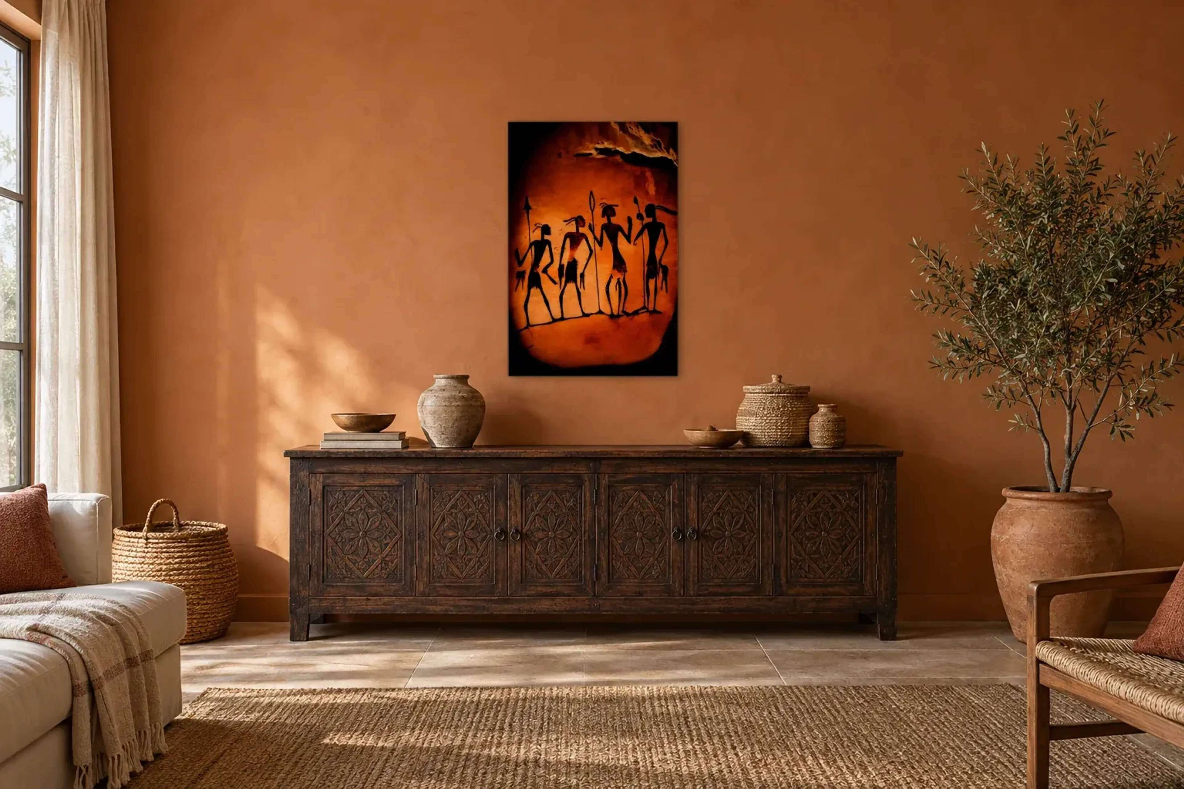 Figuren im Felslicht als Wandbild über einem 180-cm-Sideboard