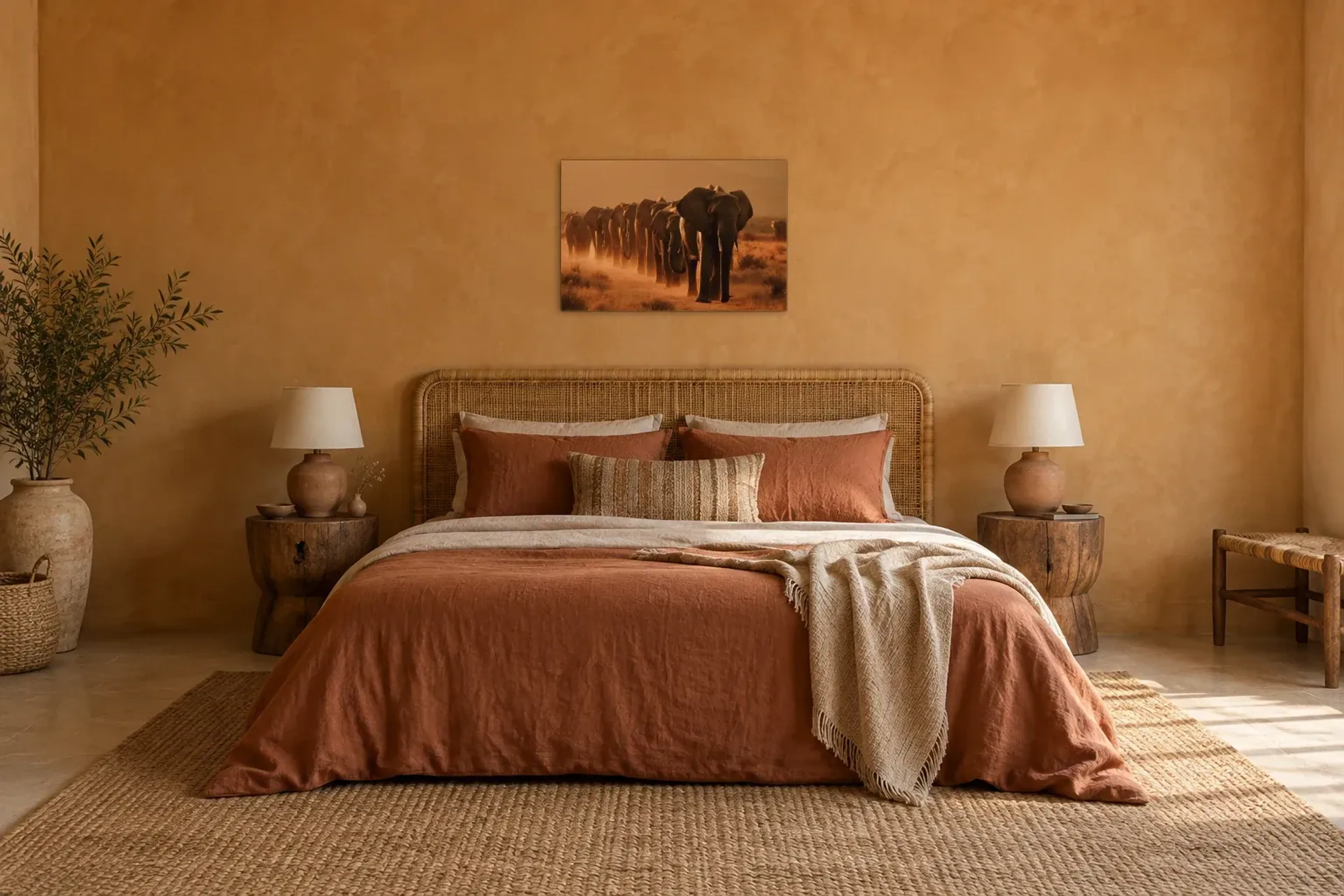 Elefanten im Abendlicht als Wandbild über einem 180-cm-Bett
