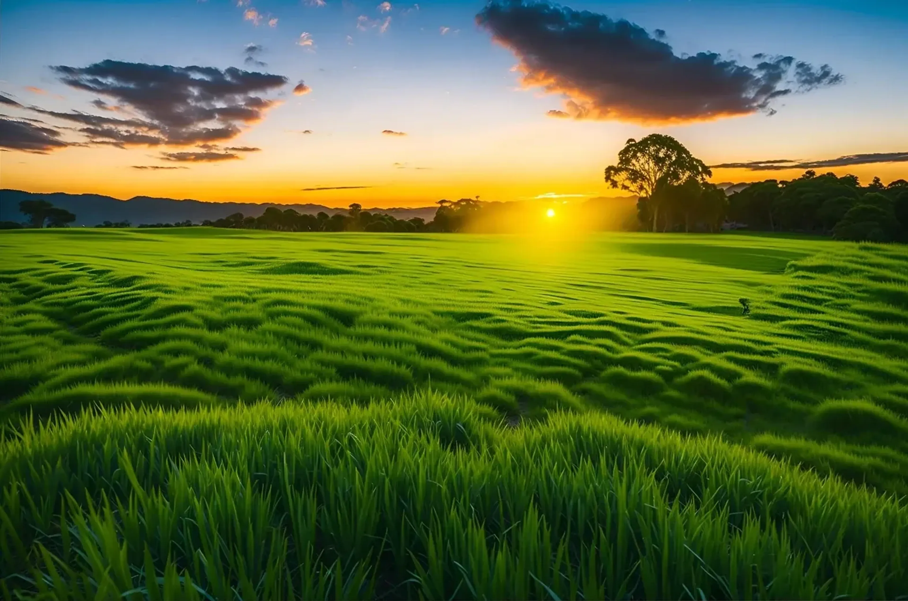 Eine sattgrüne Wiese mit welligen Grasstrukturen liegt vor einer Baumreihe unter der tief stehenden Sonne.