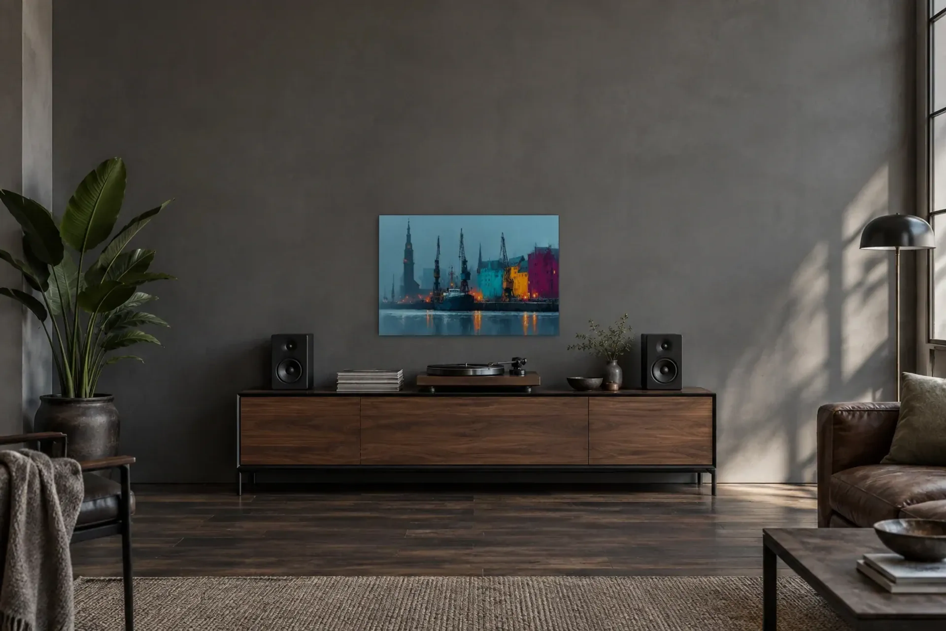 Hafenlichter im Blau als Wandbild über einem 200-cm-Sideboard