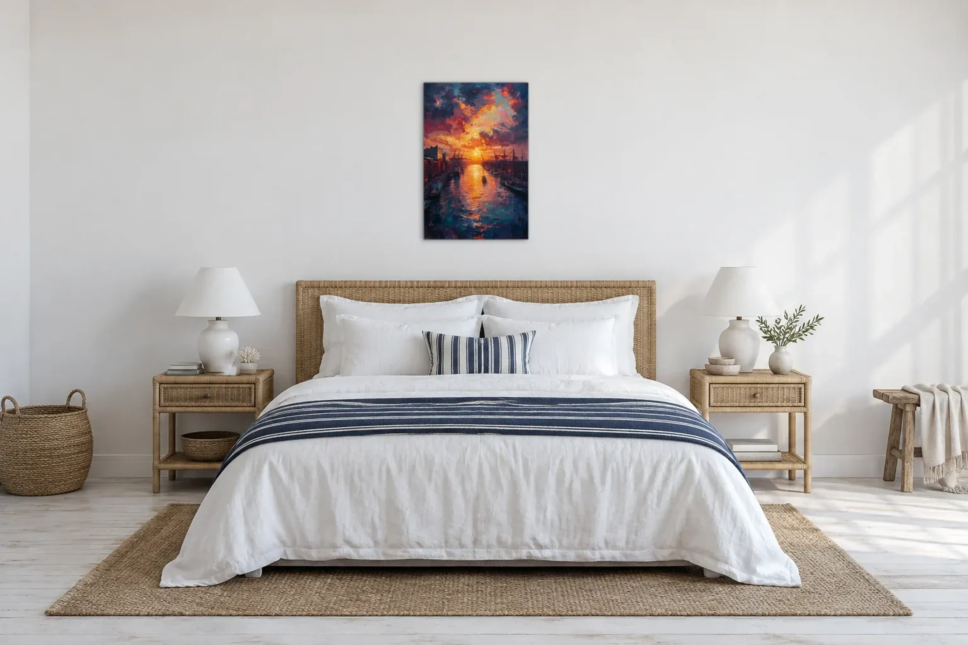 Abendsonne zwischen Hafenkränen als Wandbild über einem 180-cm-Bett