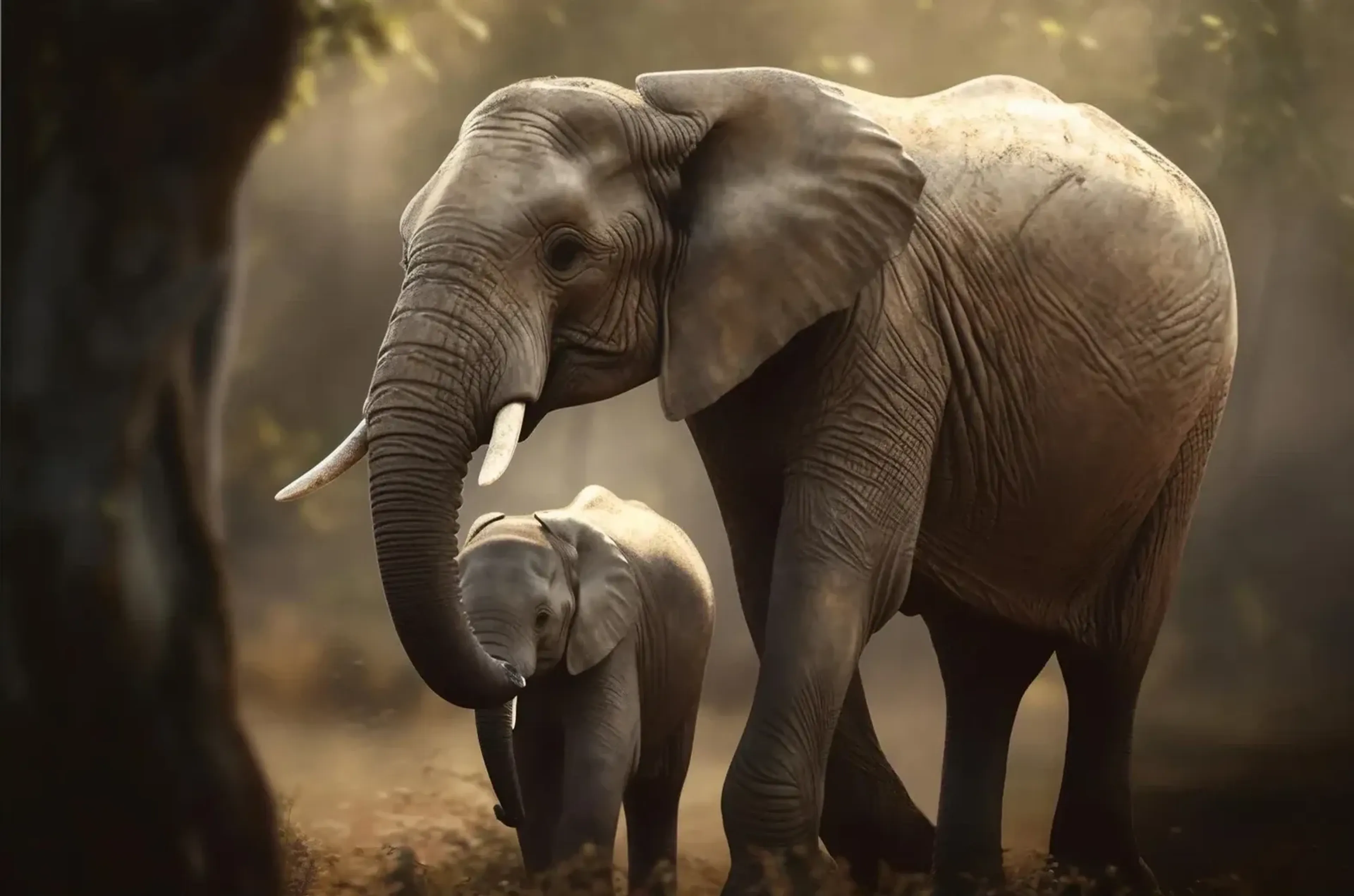Ein erwachsener Elefant und ein Jungtier stehen dicht beieinander im warmen Licht zwischen Bäumen.