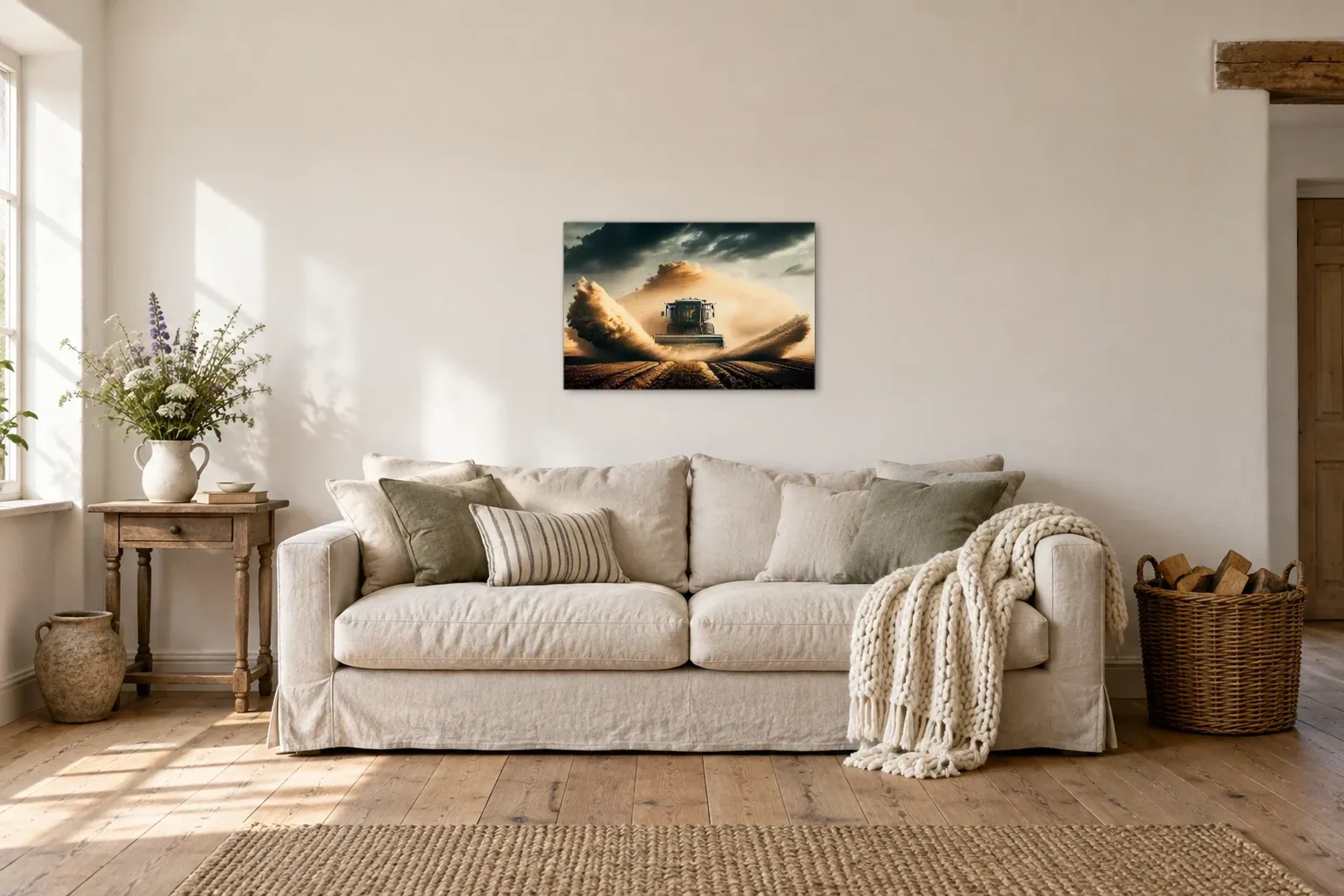 Mähdrescher im Erntestaub als Wandbild über einem 220-cm-Sofa