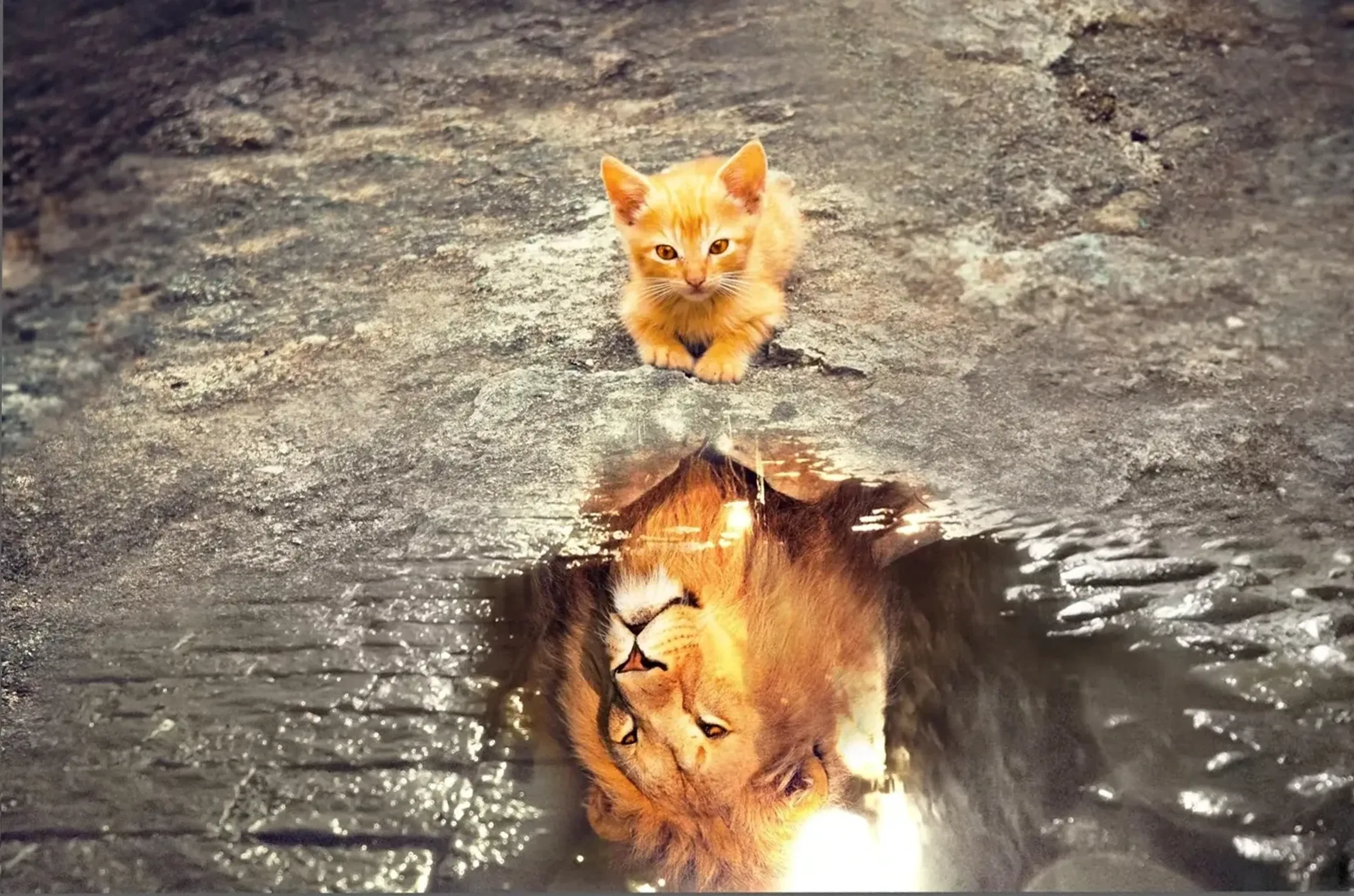 Orangefarbenes Kätzchen vor einer Pfütze, in der sich statt der Katze ein Löwenkopf spiegelt.