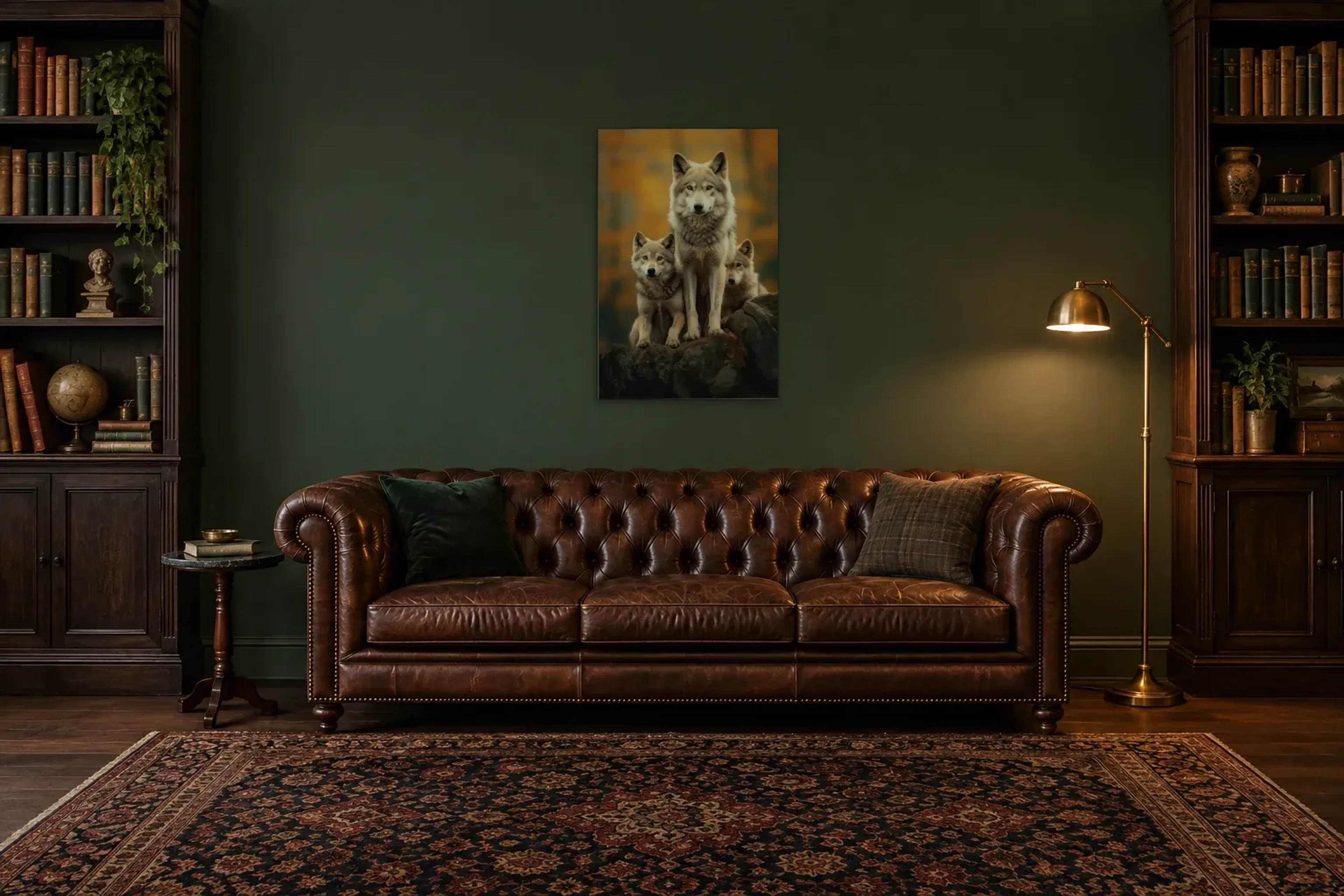 Wolfsfamilie auf Felsen als Wandbild über einem 200-cm-Chesterfield-Sofa