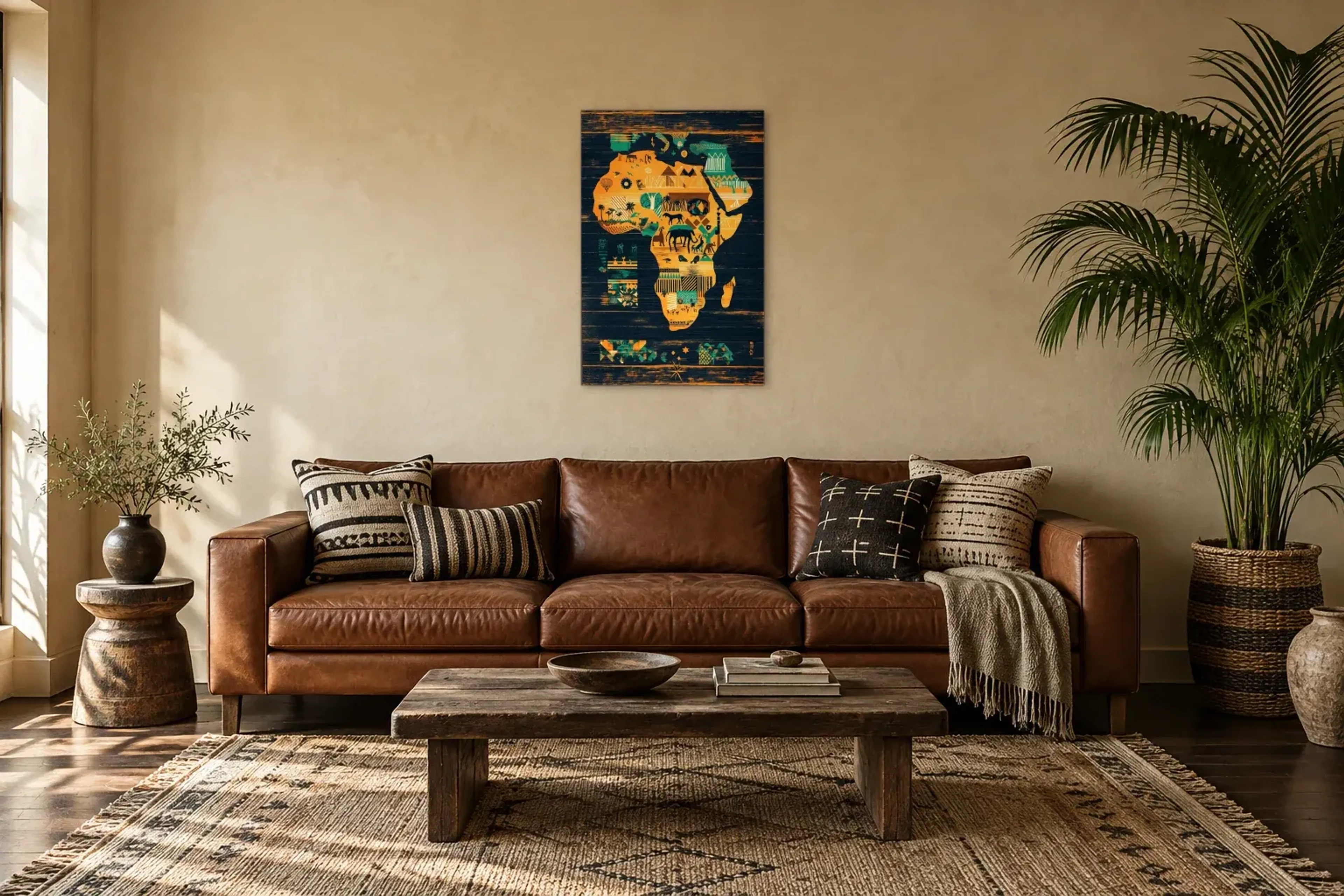 Afrika in Goldgelb als Wandbild über einem 220-cm-Sofa