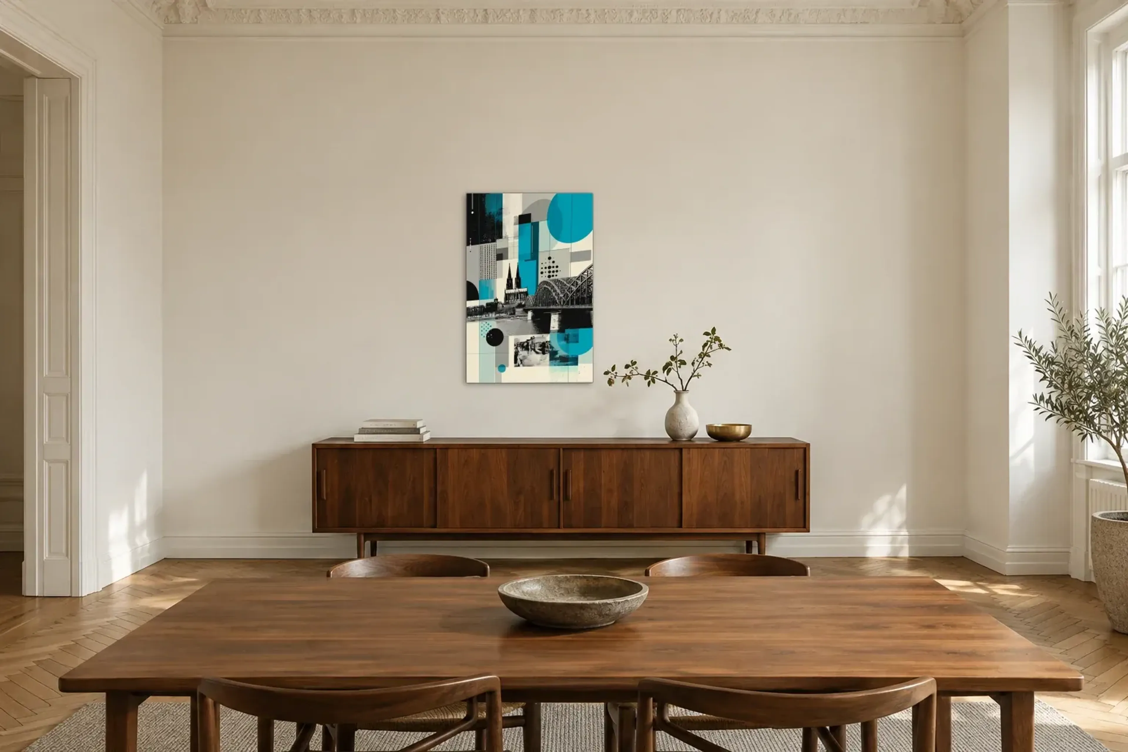 Köln in Form und Farbe als Wandbild über einem 200-cm-Sideboard
