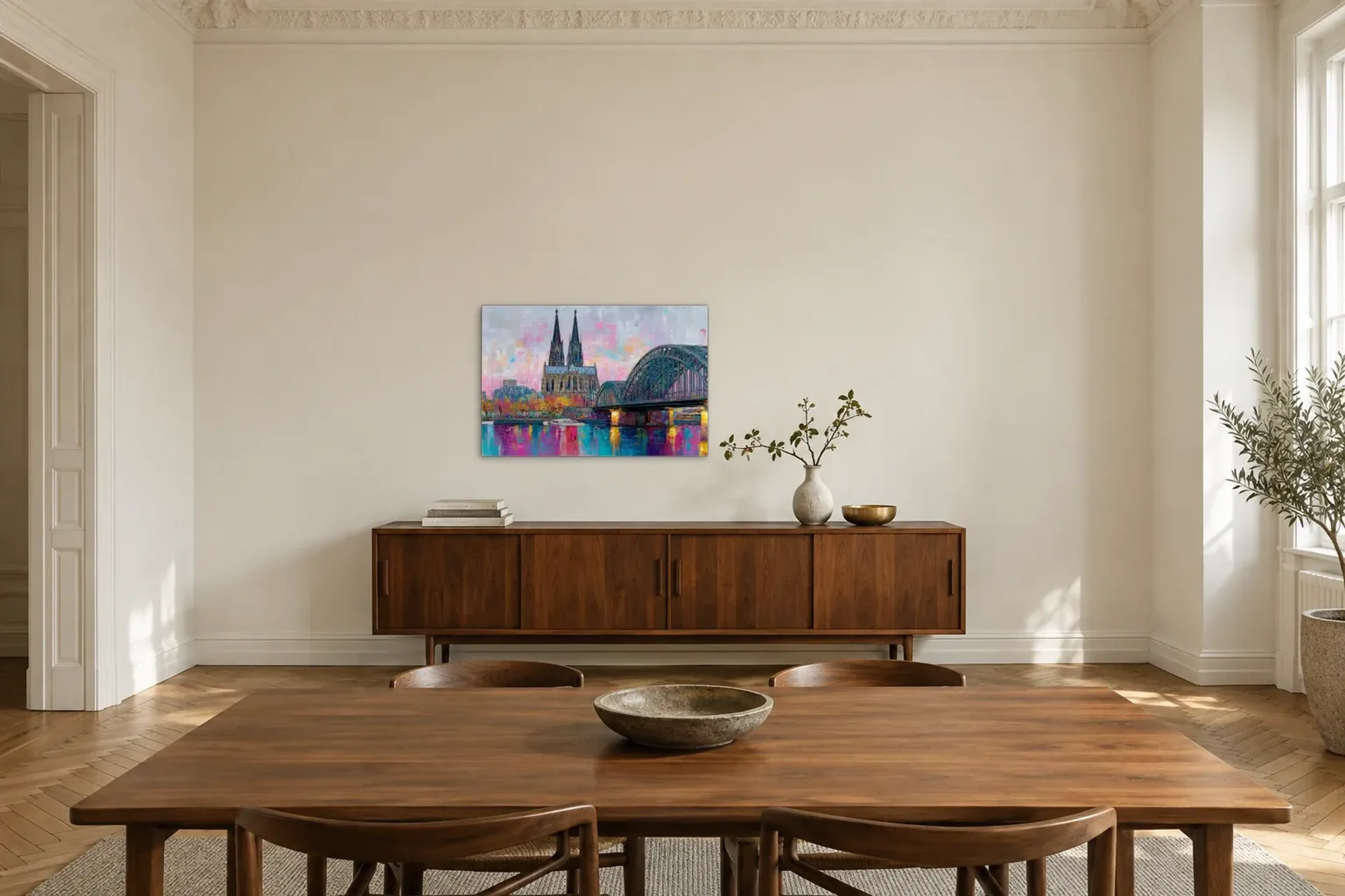 Köln in bunten Linien als Wandbild über einem 200-cm-Sideboard