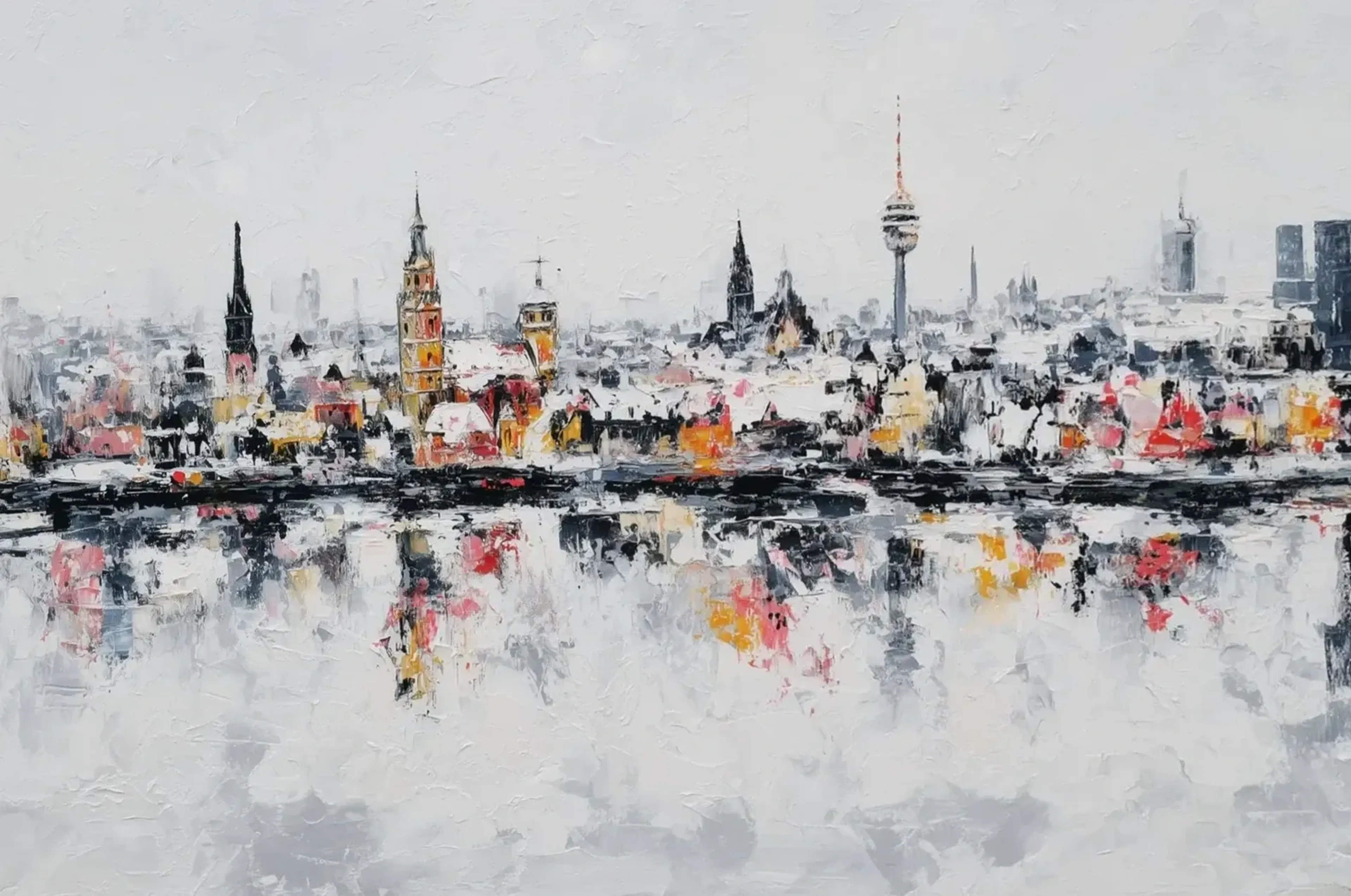 Abstrakte Münchner Stadtsilhouette in Weiß und Grau mit schwarzen Konturen, bunten Akzenten und Spiegelungen.
