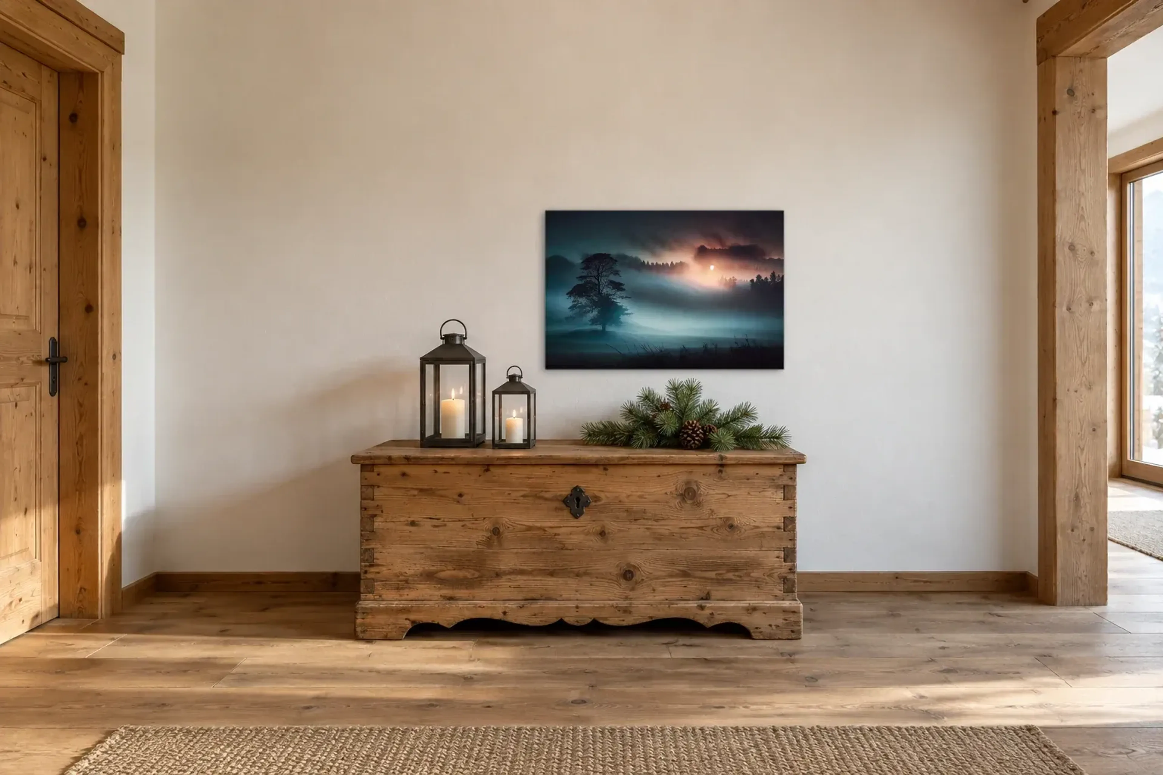 Baum im Nebel als Wandbild über einer 140-cm-Truhe