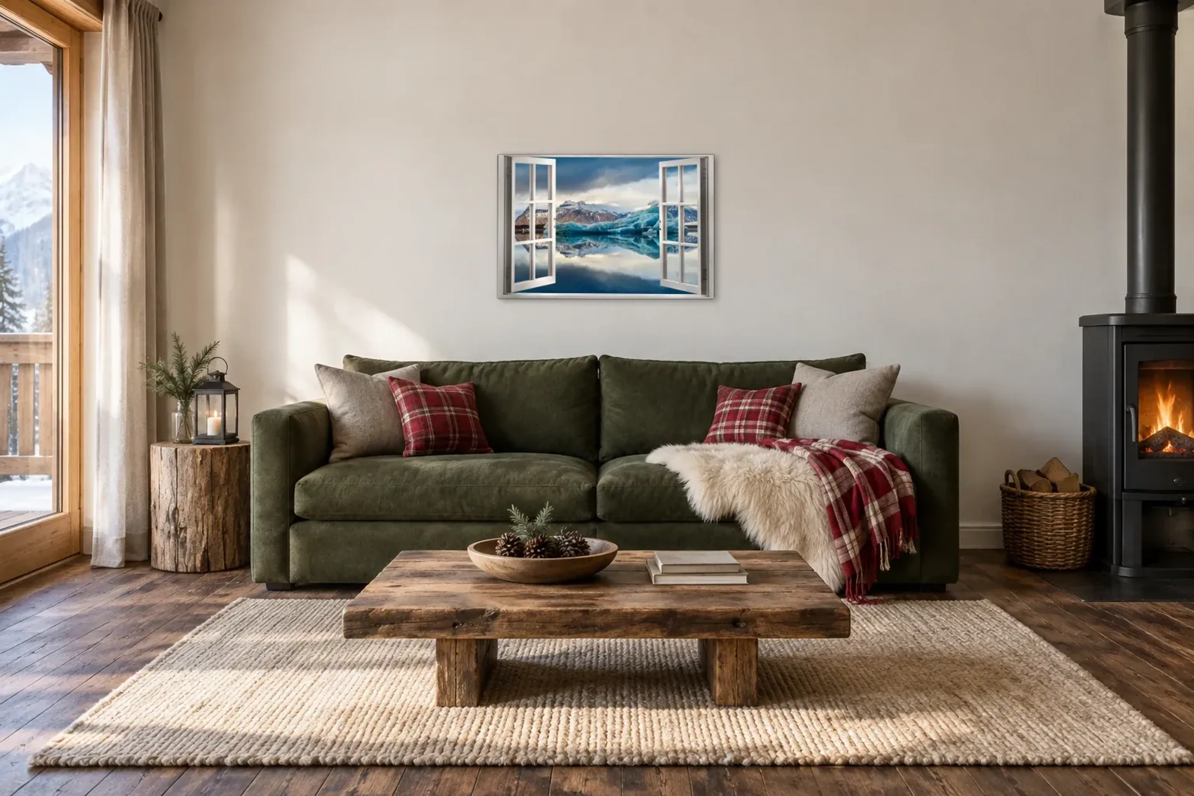 Eisberge im Spiegelwasser als Wandbild über einem 220-cm-Sofa