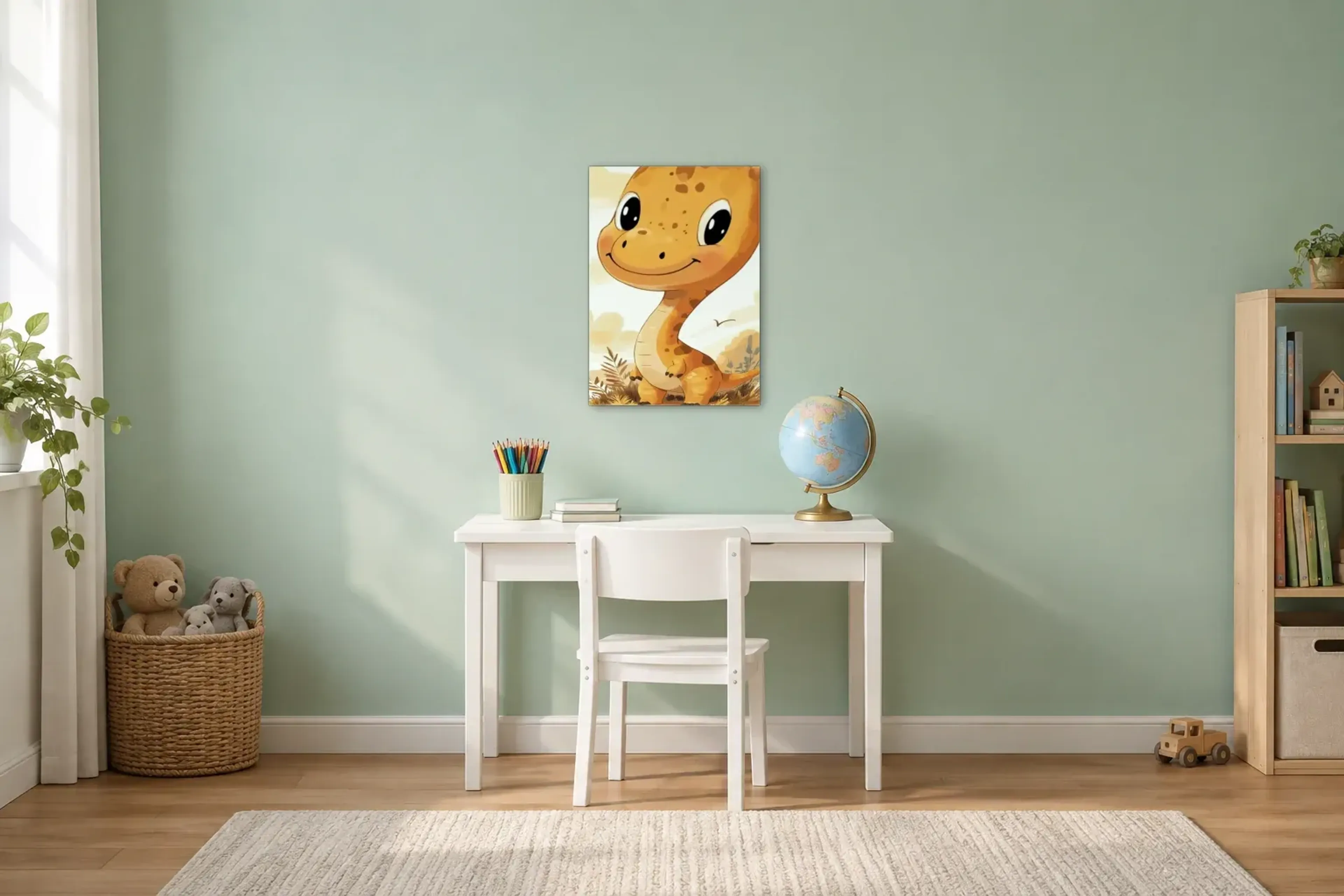 Goldgelber Dino mit Lächeln als Wandbild über einem 110-cm-Kinderschreibtisch