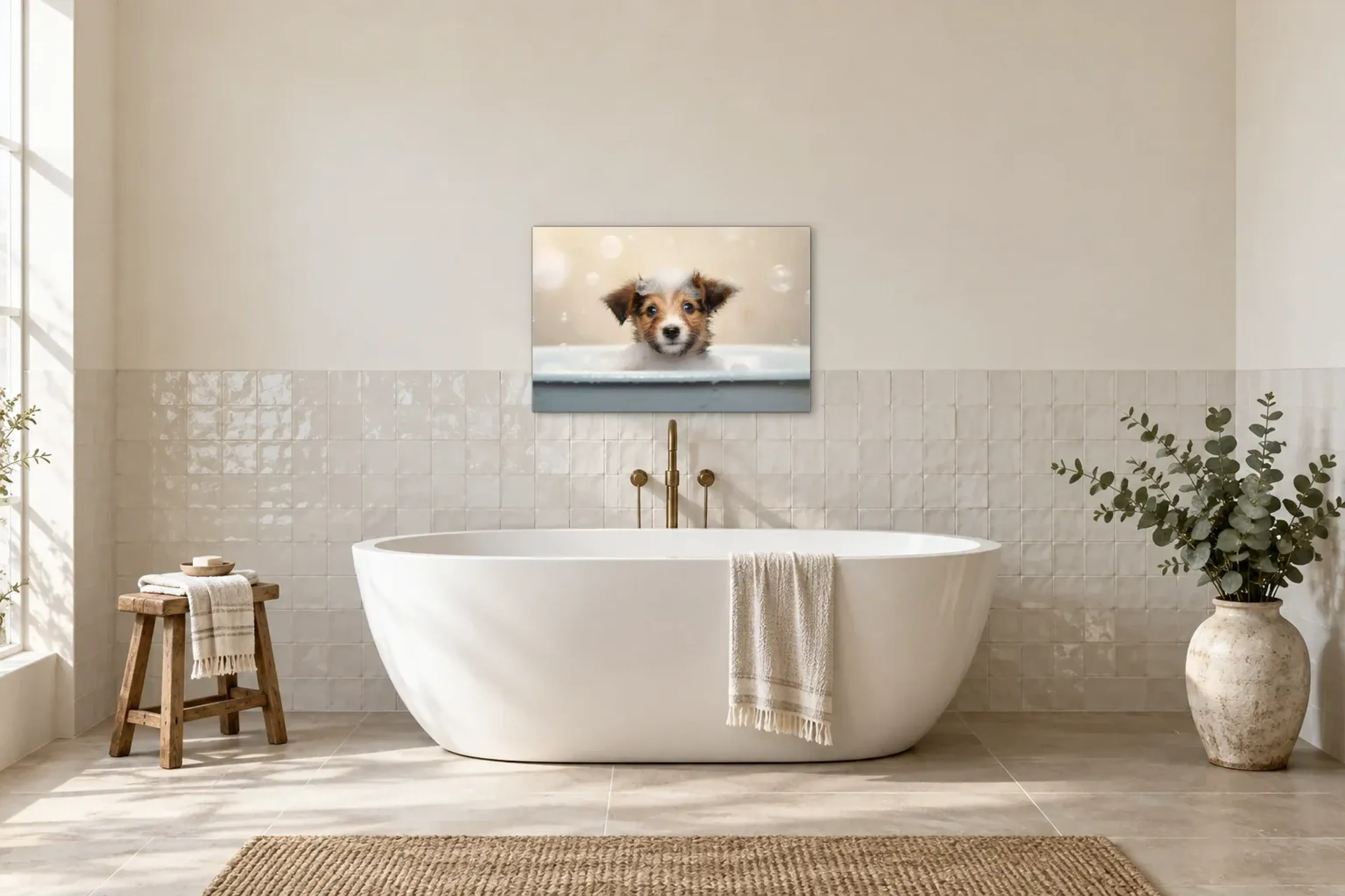 Terrier mit Schaumhaube als Wandbild über einer 170-cm-Badewanne